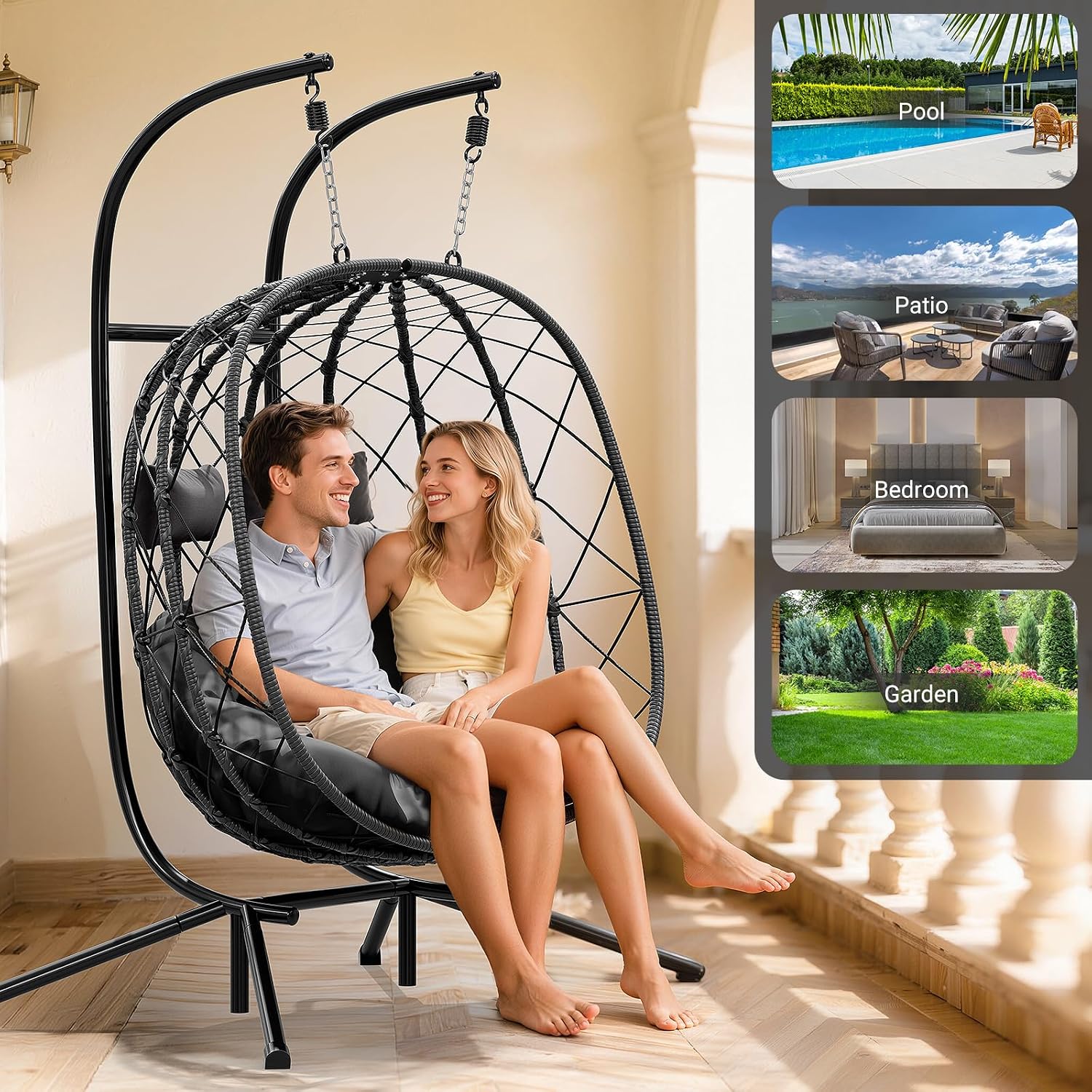CHABATREE Double Egg Swing Chair with Stand - 2 Person Outdoor Patio Hanging Wicker Hammock Chair with Cushion, Dark Grey, for Garden, Lawn, Bedroom, Indoor/Outdoor Use
