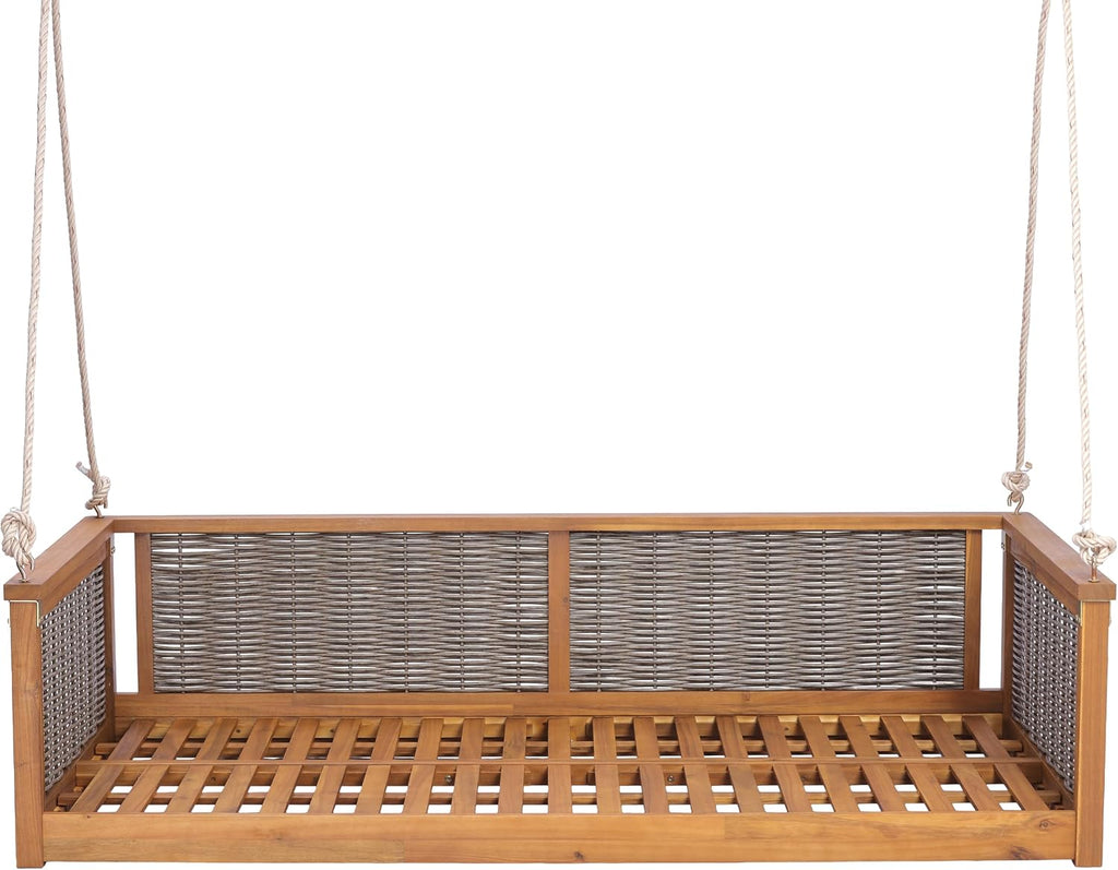Acacia Wood & Rattan Twin Size Outdoor Swing Bed with Hanging Ropes - 3 Color Options for Backyard or Porch Relaxation (Teak/RR)