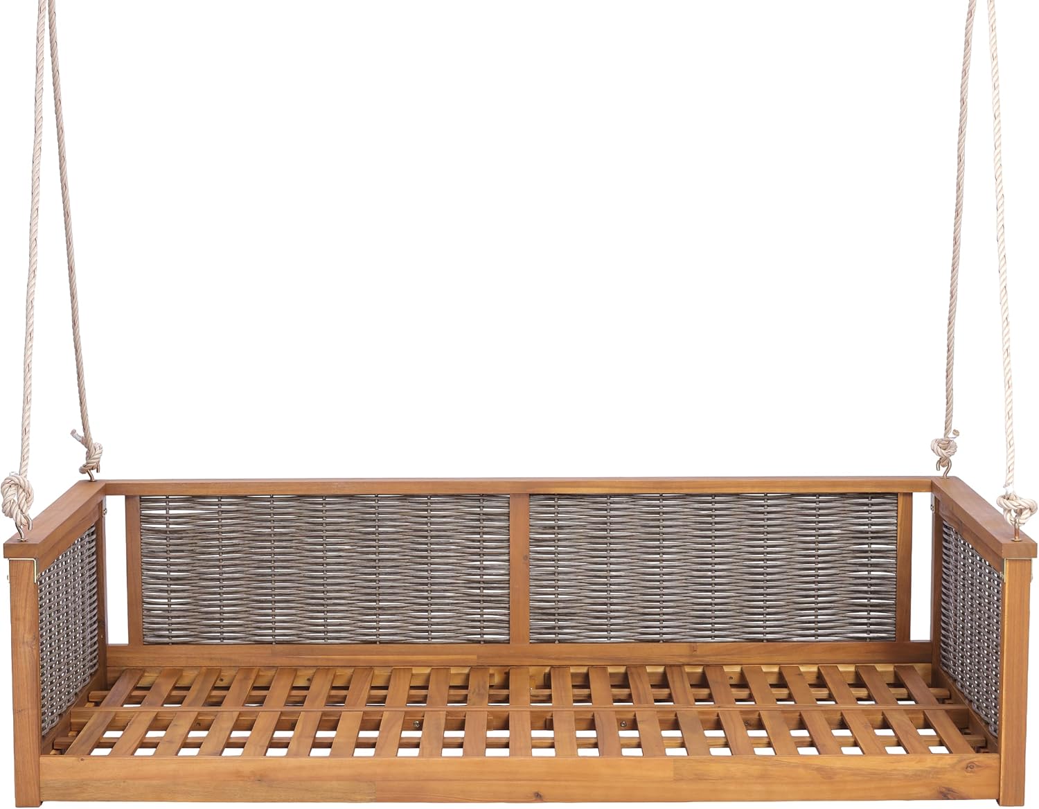 Acacia Wood & Rattan Twin Size Outdoor Swing Bed with Hanging Ropes - 3 Color Options for Backyard or Porch Relaxation (Teak/RR)