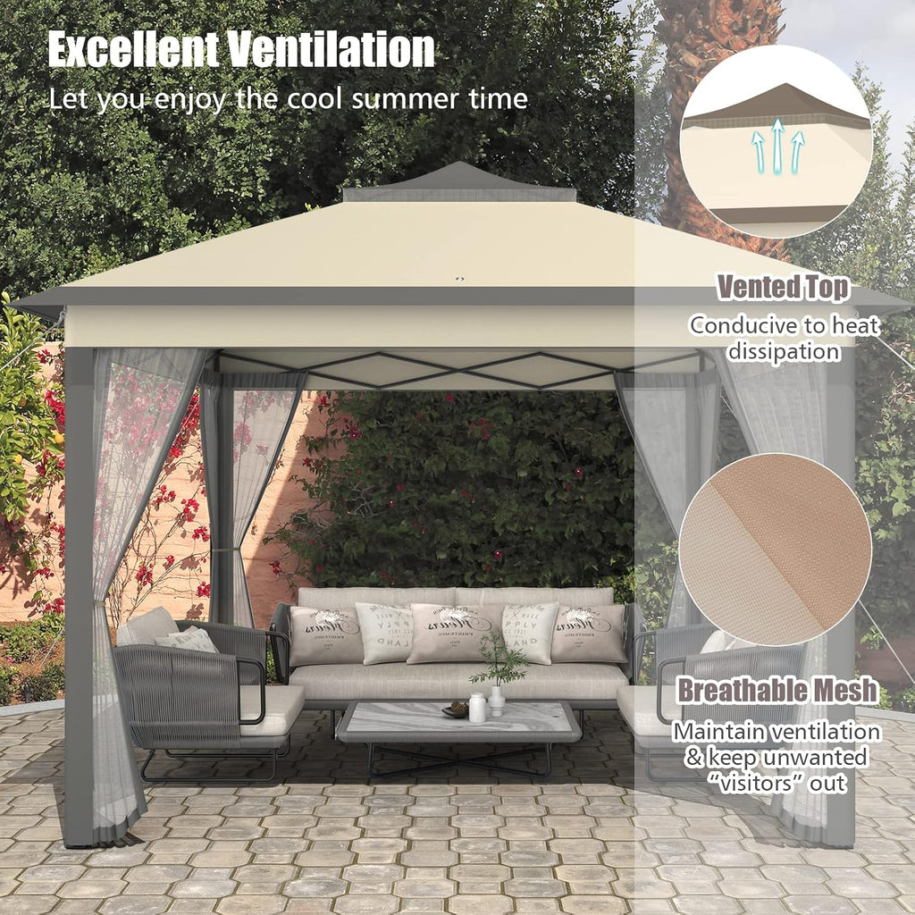 Tangkula 11x11 Ft Pop up Gazebo, 2-Tier Patio Gazebo with Netting, Carry Bag, Easy Set up Outdoor Gazebo with 121 Square Feet of Shade for Backyard, Deck, Poolside (Brown)