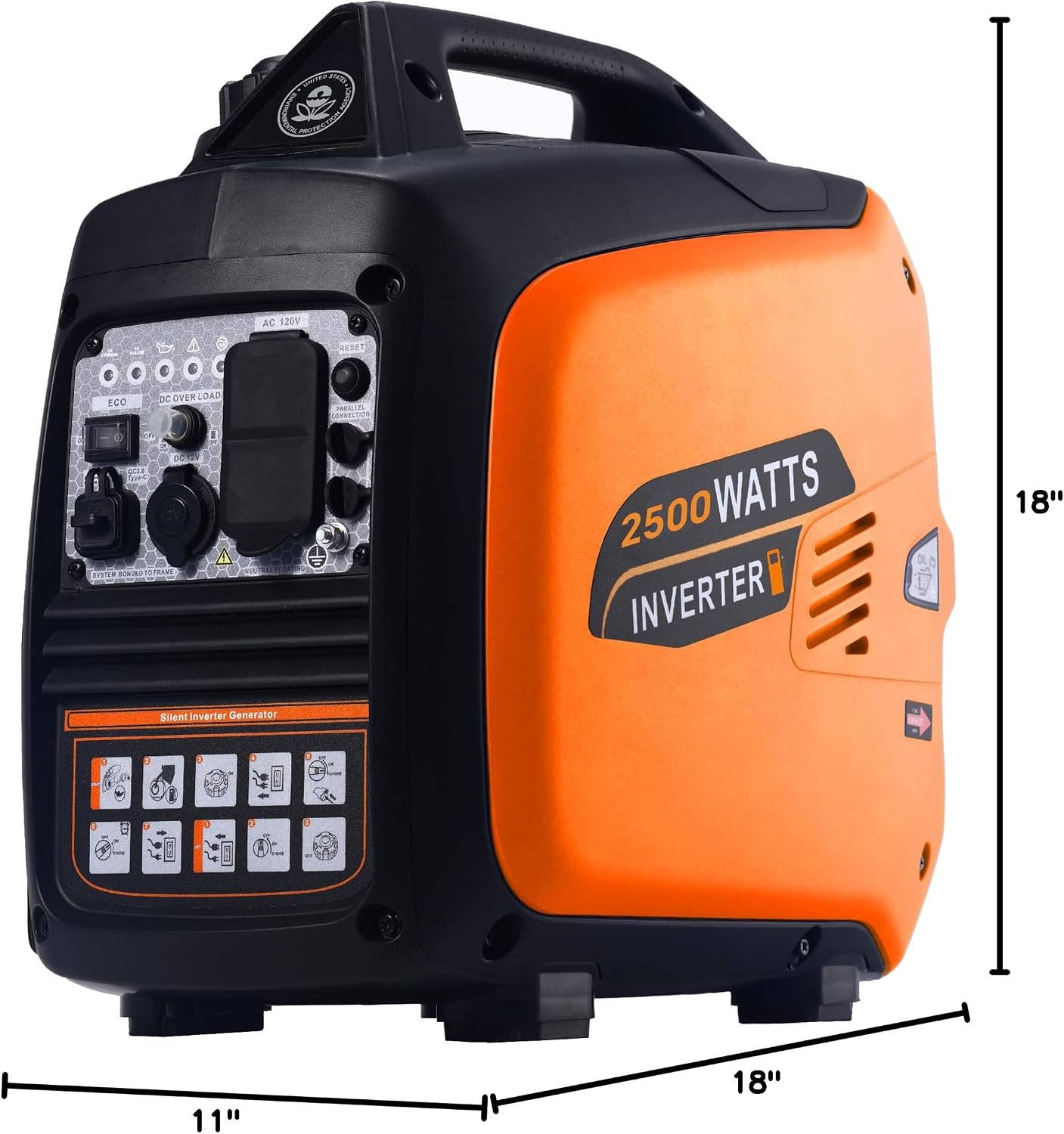 2500 Watt Portable Inverter Generator, Ultra-Quiet Long Runtime Gas Generator with CO-Sensor Fuel Off, Parallel function, for Camping, Tailgating, Home Emergency Use, EPA Compliant (Orange)