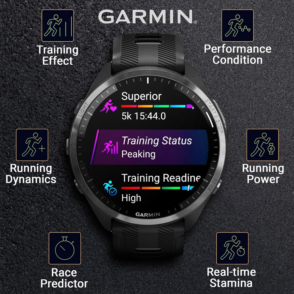 Garmin Forerunner 965 Premium GPS Running and Triathlon 47mm Smartwatch with AMOLED Touchscreen Display, Carbon Gray DLC Titanium Bezel with Black Silicone Band with Black Earbuds.
