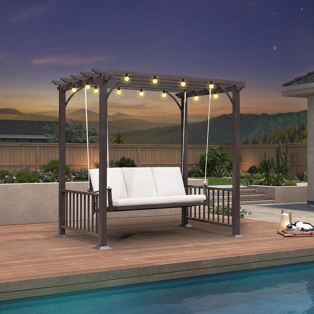 PURPLE LEAF 3-Seat Porch Swing with 12 Clear LED Lights Outdoor Metal Pergola Swing Hanging Cloud Swing Chair for Backyard Garden Patio Hammock Swinging, Cushion and Pillows Included, Coffee