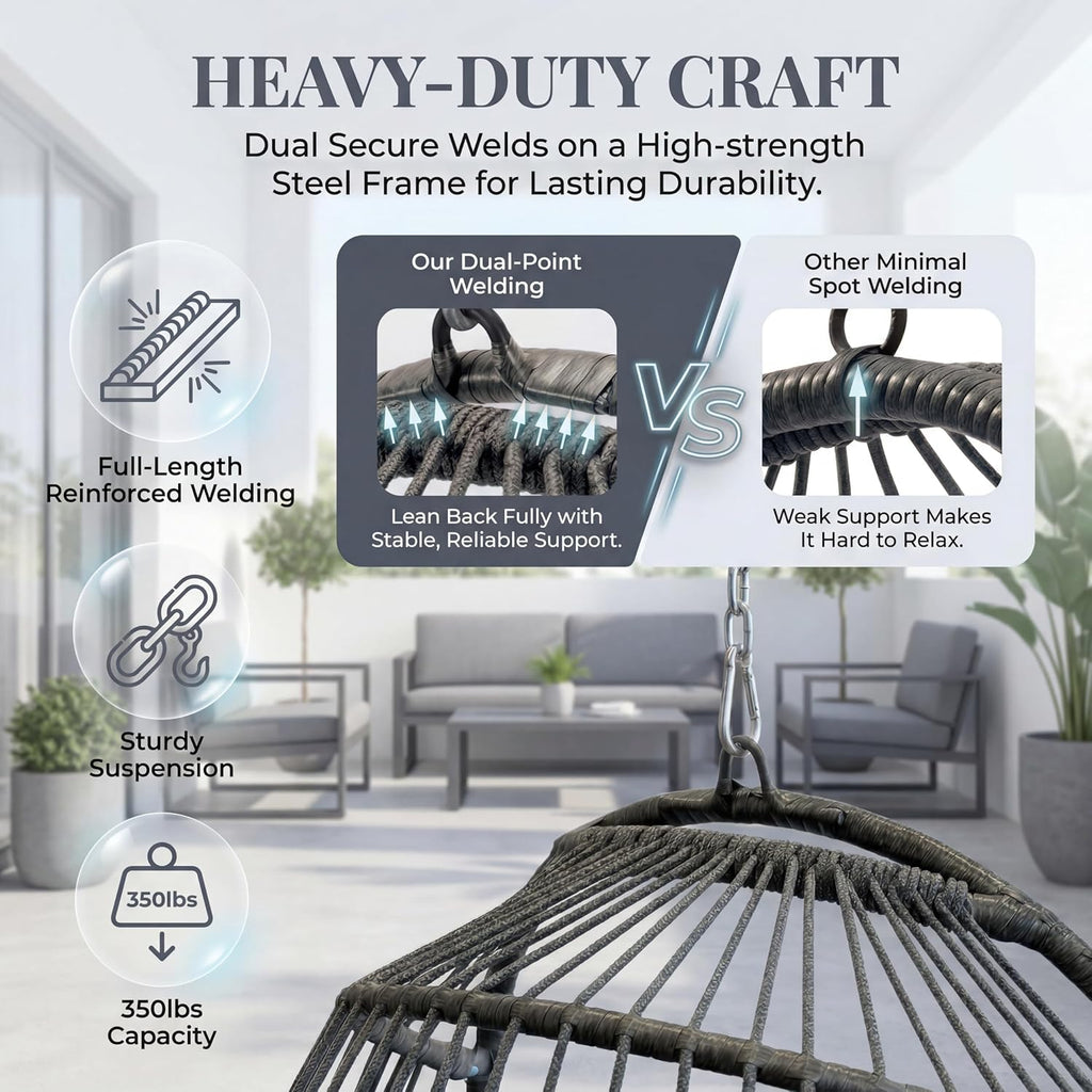 BULEXYARD Hanging Egg Chair Without Stand 350lbs Capacity, Grey Wicker Swing Egg Chair with Dark Grey Cushion for Indoor/Outdoor Patio Porch Balcony, Foldable Hammock & Tree/Ceiling/Beam Mount