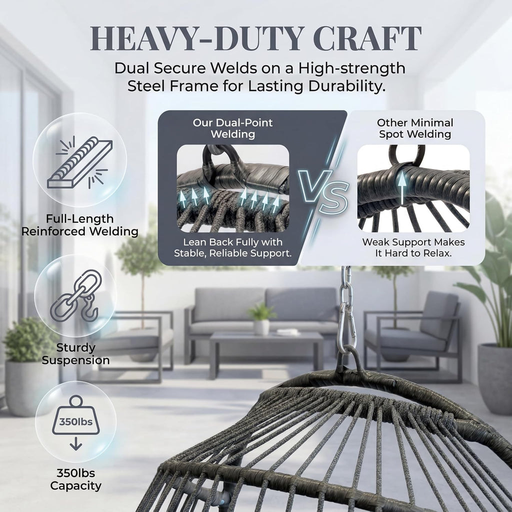 BULEXYARD Outdoor Swing Egg Chair No Stand, Folding Wicker Rattan Ceiling Hanging Patio Chairs, 350 Lbs Sturdy Hammock Basket Seat with Cozy Cushion for Backyard Pergola Living Room, Light Grey