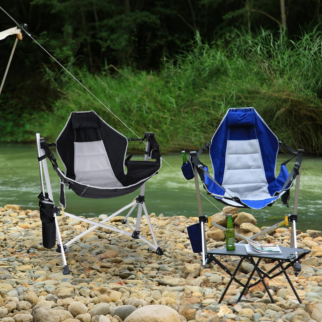 Romswi 2-Pack Aluminum Hammock Chair with Footrest, Oversized Portable Folding Swinging Chair with Adjustable Back & Seat, Lightweight Rocking Camp Chair Supports 440lbs for Outdoor, Patio - Black