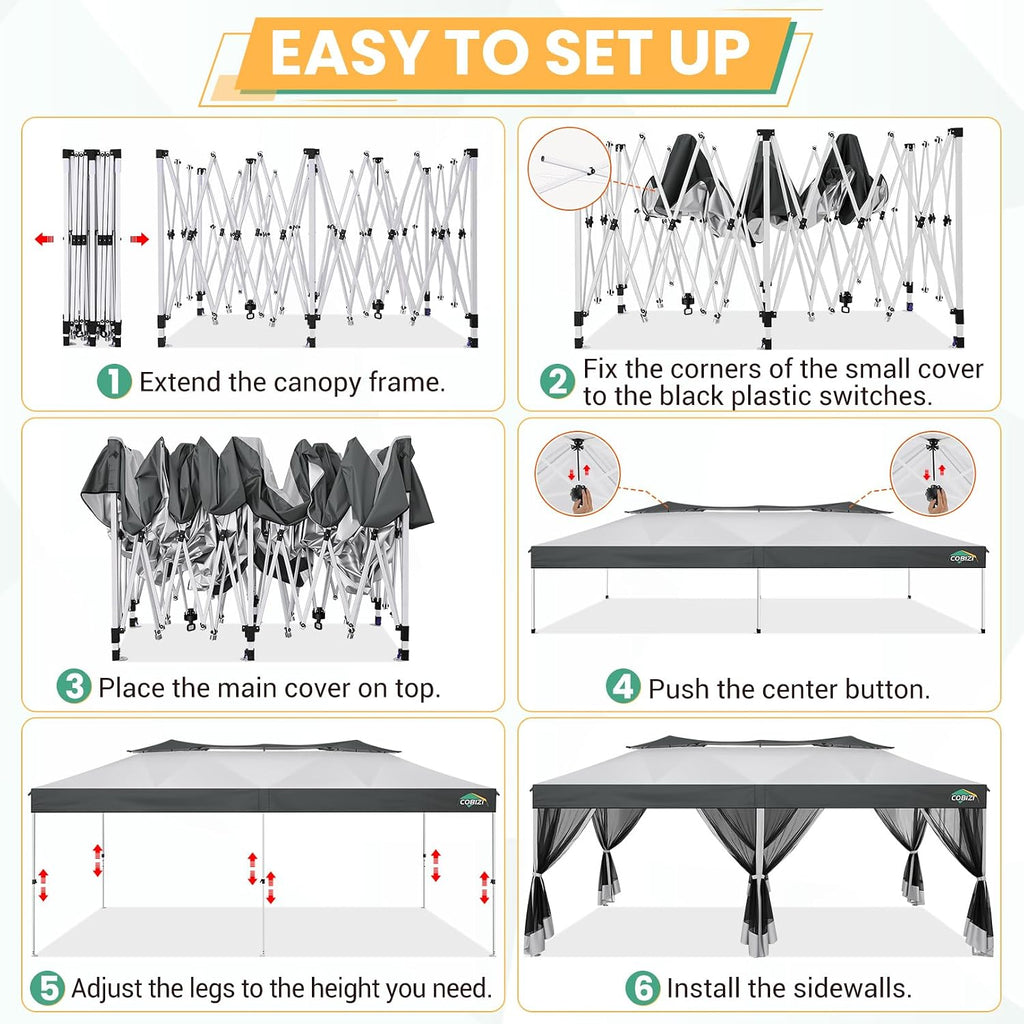 COBIZI 10x20 Pop Up Gazebo with Mosquito Netting Sidewalls, One Push Easy Up Canopy with Dual Vent Roof, Waterproof&UV 50+ Screen Tents for Parties, Backyard, Patio, Commercial Event, Light Gray&Gray