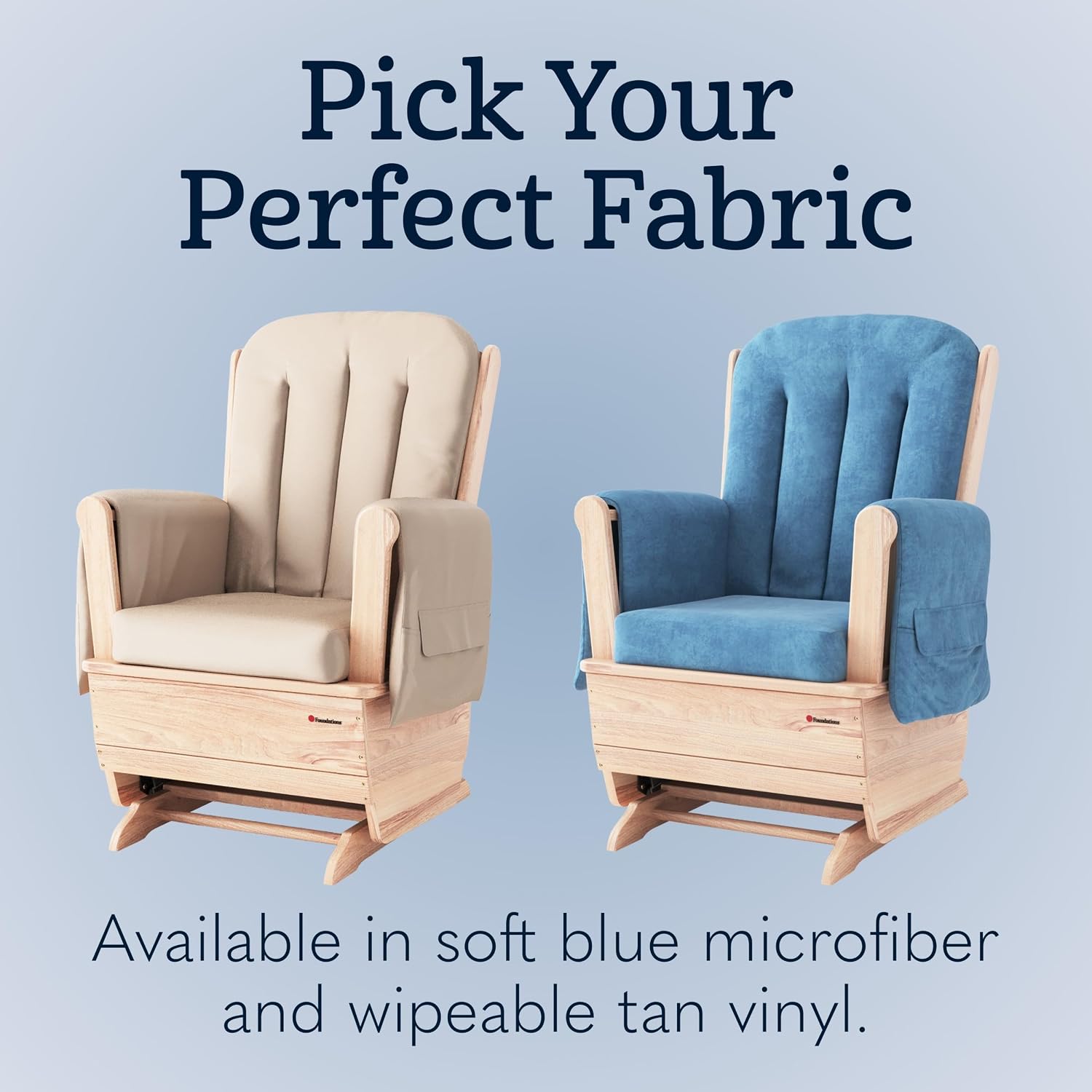 Foundations SafeRocker Standard Glider Rocker - Baby Feeding and Rocking Chair for Nursery, Daycare Environment - Nursery Rocking Chairs with Wood Skirt Base - Blue Microfiber