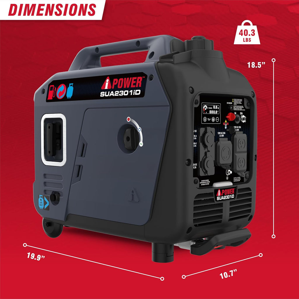 A-iPower 2300-Watt Portable Inverter Generator Dual Fuel, RV Ready, CARB Compliant CO Sensor, Light Weight With Telescopic Handle For Backup Home Use, Tailgating & Camping (SUA2301iD)