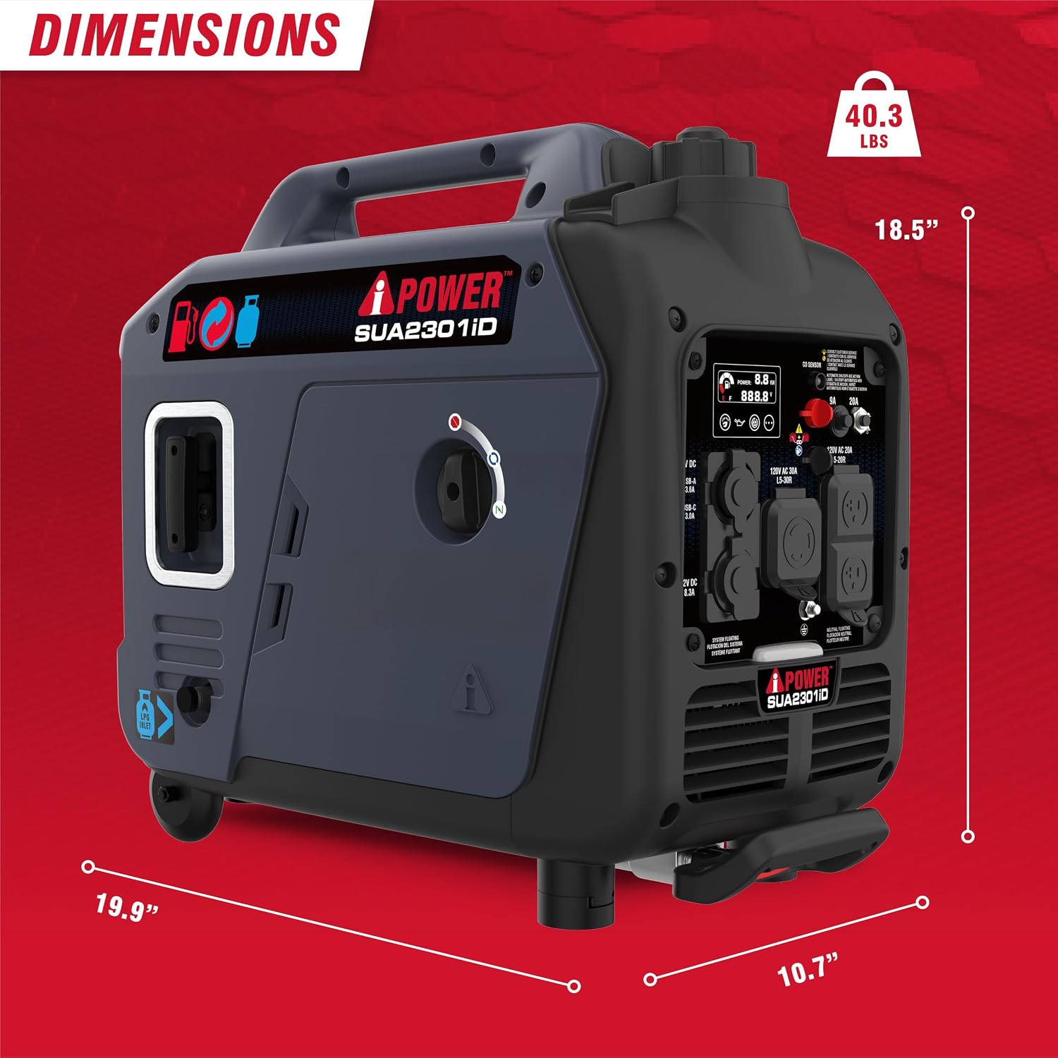 A-iPower 2300-Watt Portable Inverter Generator Dual Fuel, RV Ready, CARB Compliant CO Sensor, Light Weight With Telescopic Handle For Backup Home Use, Tailgating & Camping (SUA2301iD)