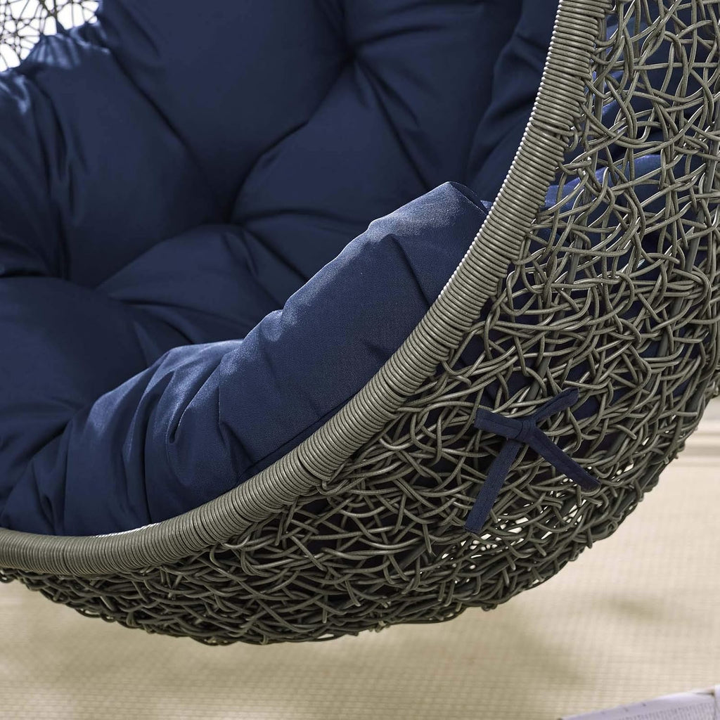 Modway Hide Wicker Rattan Outdoor Patio Porch Lounge Egg Swing Chair Set with Stand in Gray Navy