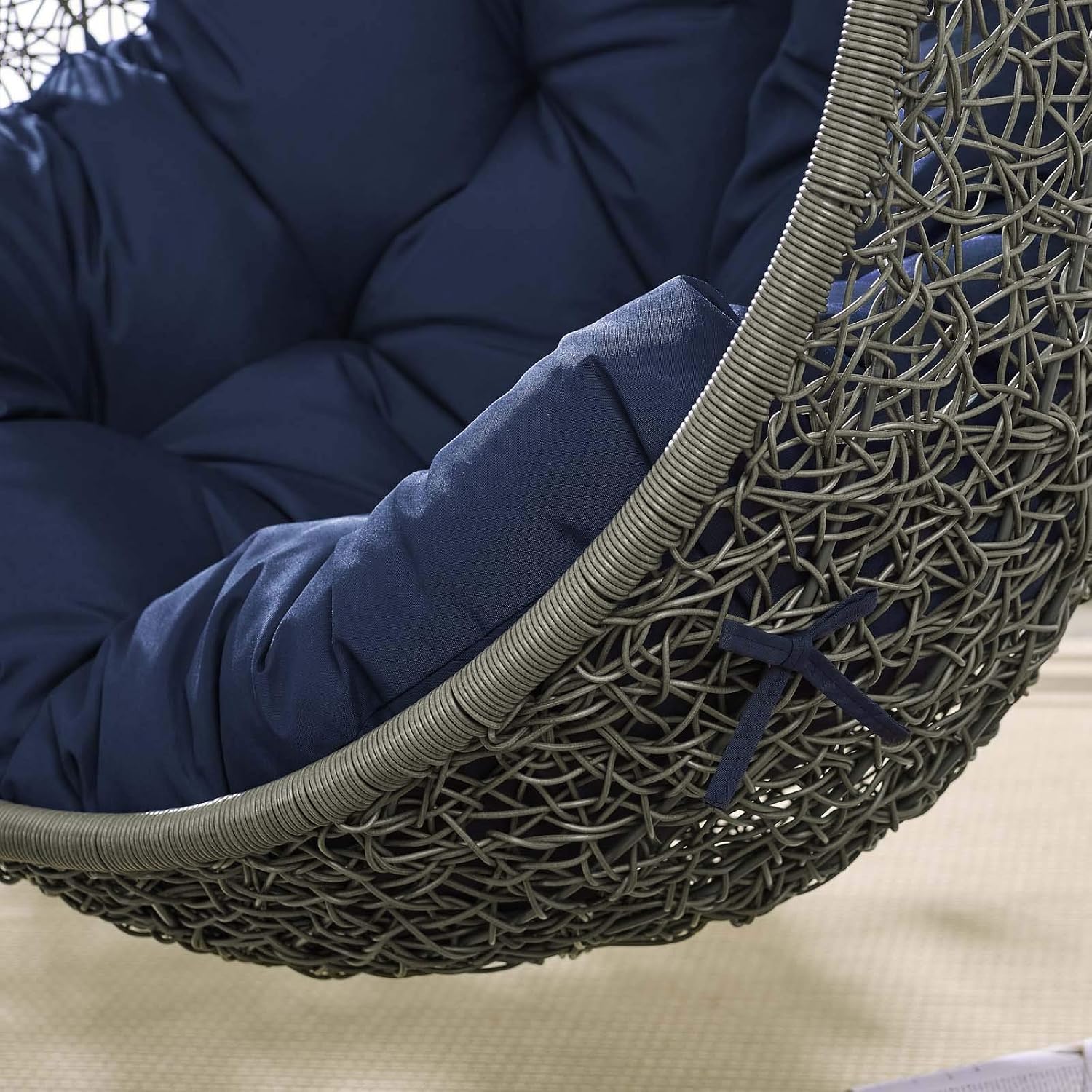 Modway Hide Wicker Rattan Outdoor Patio Porch Lounge Egg Swing Chair Set with Stand in Gray Navy