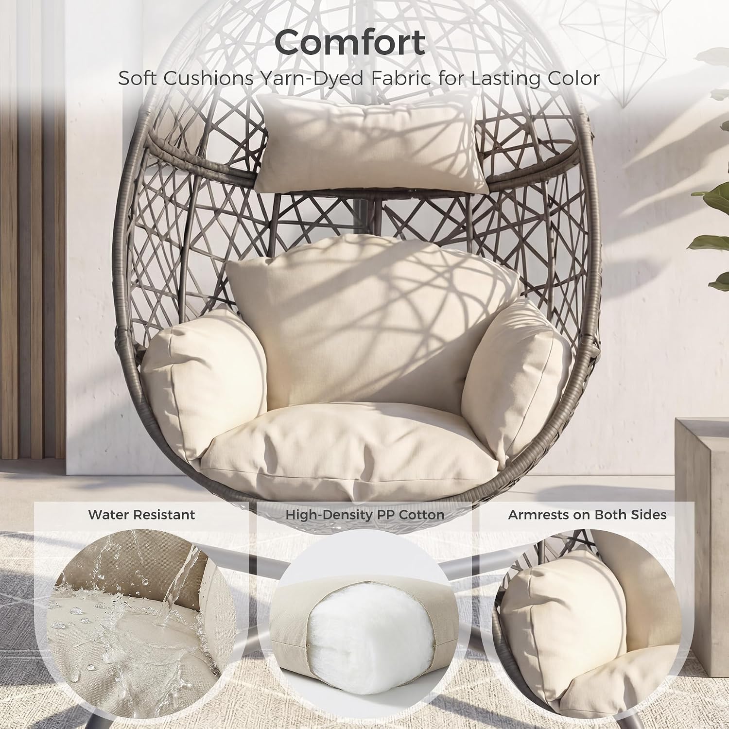 NICESOUL Oversized Patio Swing Egg Chair, Rattan Outdoor Indoor Hanging Egg Chair with Stand, Cozy Bird Cage Swinging Basket Chairs, 350 lbs Egg-Shape Padded Seat for Balcony Outside, Beige