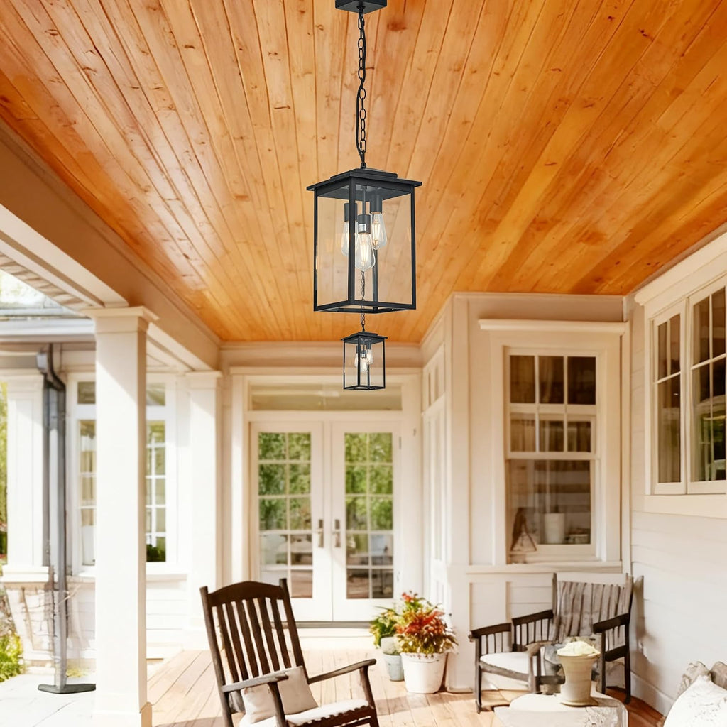 Outdoor Hanging Light Fixture 3-Light, Modern Black Metal Outside Chandelier Exterior Hanging Fixture Ceiling Mount with Clear Glass Shade for Front Porch Entrance Foyer Entryway(Bulbs not Included)
