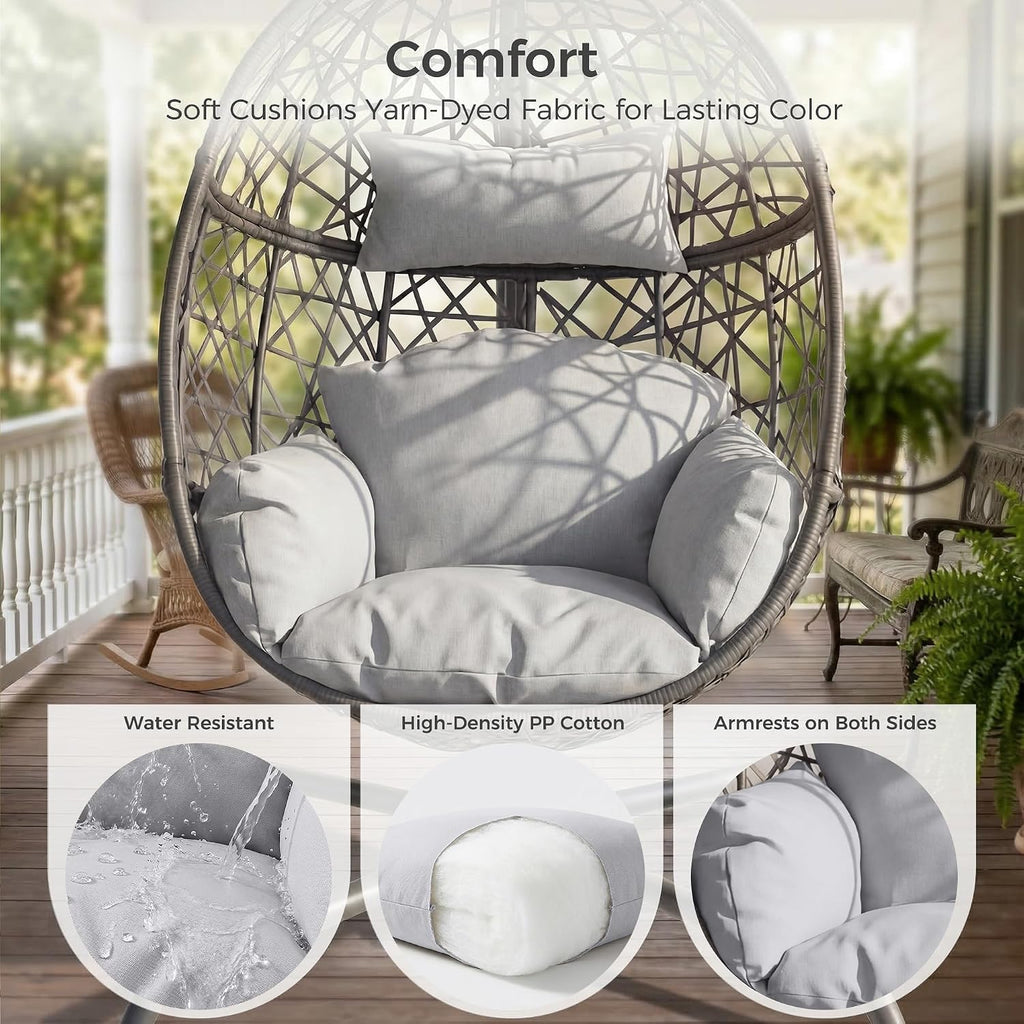 BULEXYARD Oversized Hanging Egg Chair with Stand, Indoor Outdoor Grey Wicker Bird Cage Swing Chair, Patio Hammock Egg-Shaped Chair with Light Grey Cushion for Sunroom, Deck, 350lbs Capacity