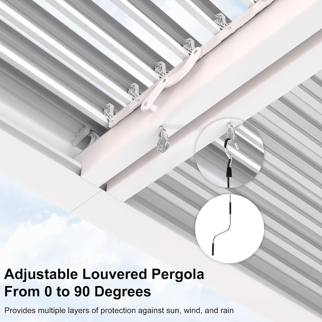 PURPLE LEAF Louvered Pergola 10' x 14' Outdoor White Aluminum Pergola with Fixed Shutter Wall Adjustable Roof Gazebo for Patio Backyard, 1 Short Side