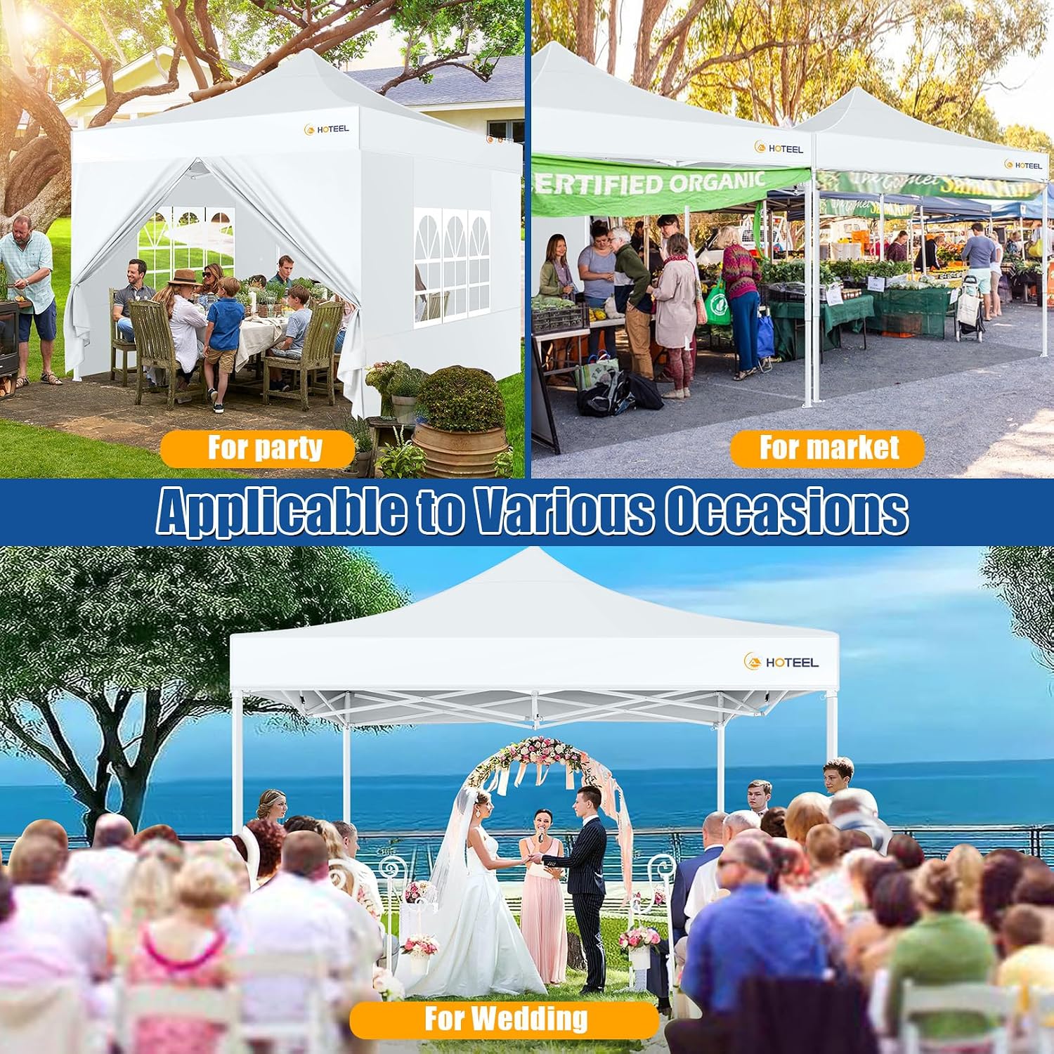 HOTEEL 10x10 Pop up Canopy Tent for Parties, Heavy Duty Easy Setup Tent with 4 Sidewalls, Outdoor Commercial Instant Gazebo for Wedding Event, with Portable Bag, White(Hexagonal Frame)