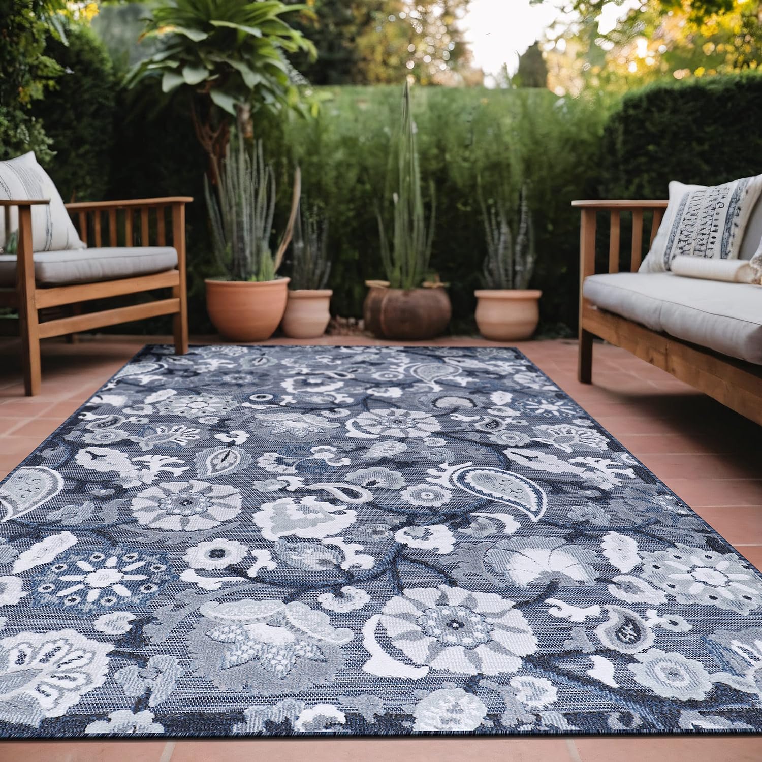 Luul Home Floral Indoor Outdoor Rugs 9x12 Large Area Rug for Living Room, Patio Decor, Kitchen, and Entryway Rug, Washable Stain Resistant Outside Carpet Navy 9 x 12