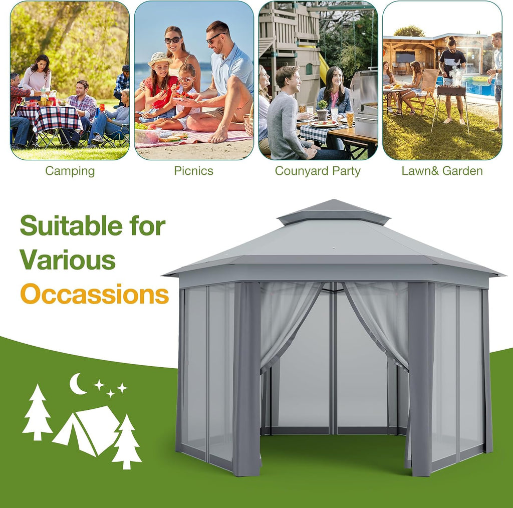 13x13 Pop Up Gazebo Outdoor Hexagonal Canopy Tent with Mosquito Netting Sides Instant Patio Canopy Shelter, Rain & UV Resistant PA Coated Fabric, for Patios, Garden, Parties, Lawns Backya