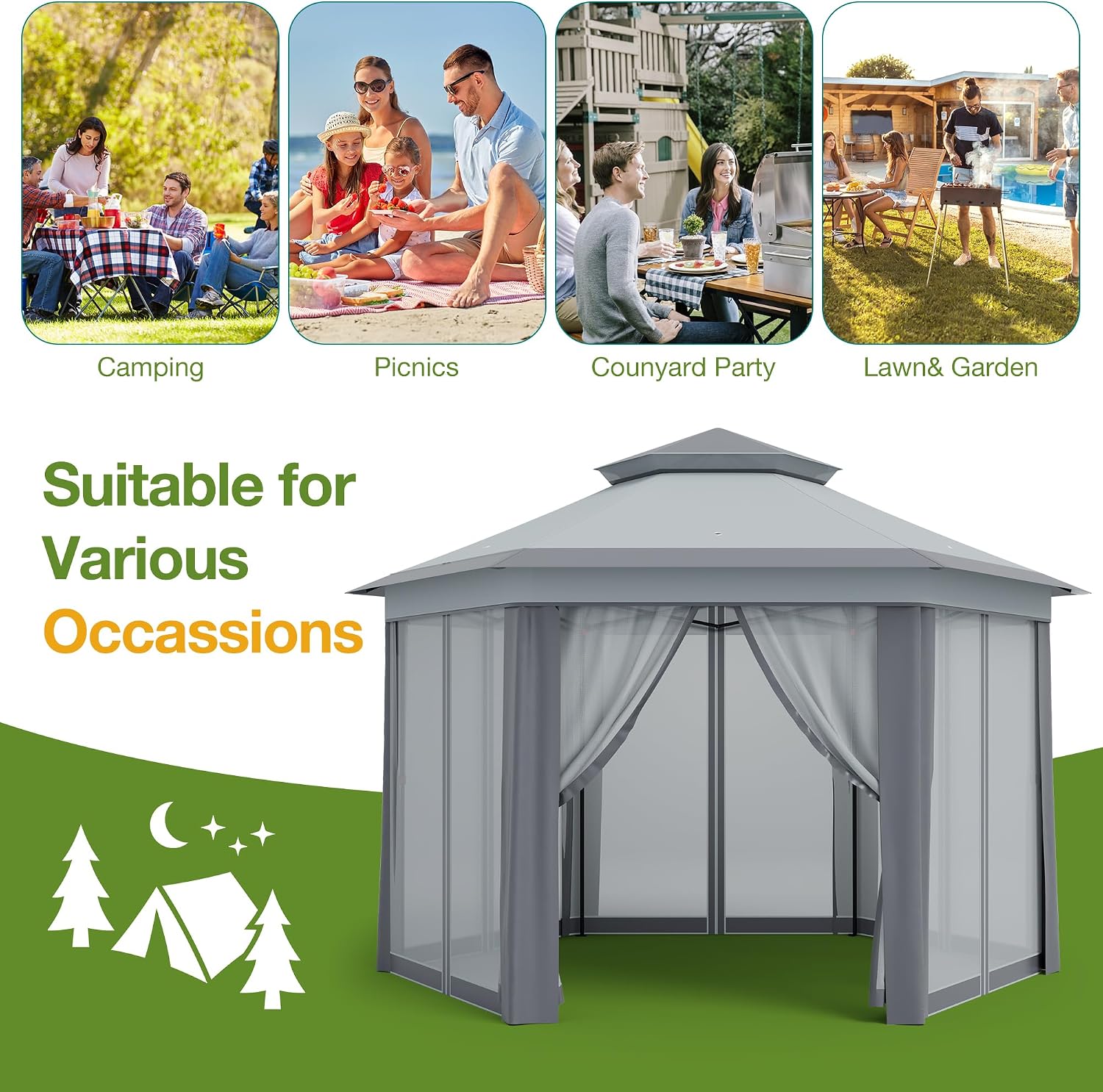 13x13 Pop Up Gazebo Outdoor Hexagonal Canopy Tent with Mosquito Netting Sides Instant Patio Canopy Shelter, Rain & UV Resistant PA Coated Fabric, for Patios, Garden, Parties, Lawns Backya