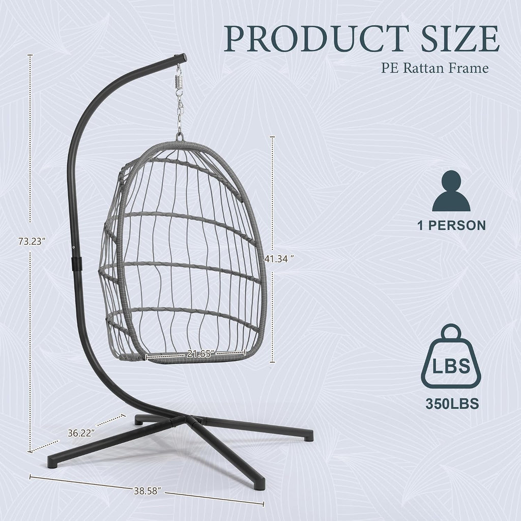 Yechen Wicker Egg Chair Outdoor Indoor for Patio Balcony, Foldable Rattan Egg Swinging Chair Hammock Egg Chairs Hanging Egg Chair for Bedroom, Handmade Chair 350 Lbs Capacity