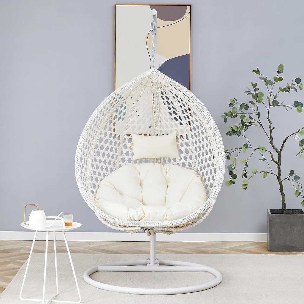 JUFU White Egg Chair with Stand, Indoor Outdoor Hanging Swing Chair with Thick Cushion and Pillow, 350 lb Capacity Wicker Patio Chair for Balcony, Bedroom, Porch, Sunroom