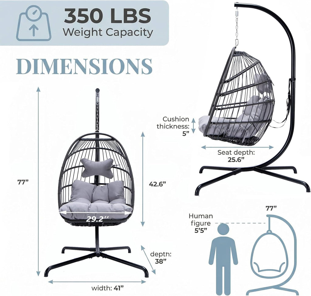 NICESOUL Egg Chair Indoor Outdoor, Patio Wicker Hanging Chair with Stand, All Weather Cushioned Hammock Egg Basket Chairs, 350lbs Capacity Swing Chair for Exteriors Backyard Balcony, Grey with Cover
