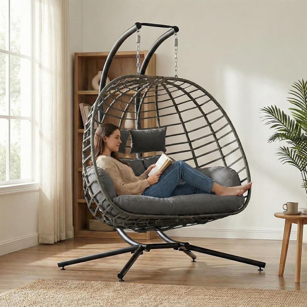 SWITTE Double Egg Swing Chair with Stand, Outdoor Patio 2 Person Hanging Wicker Hammock Chairs with Cushion for Indoor Bedroom, Lawn, Garden-Dark Grey