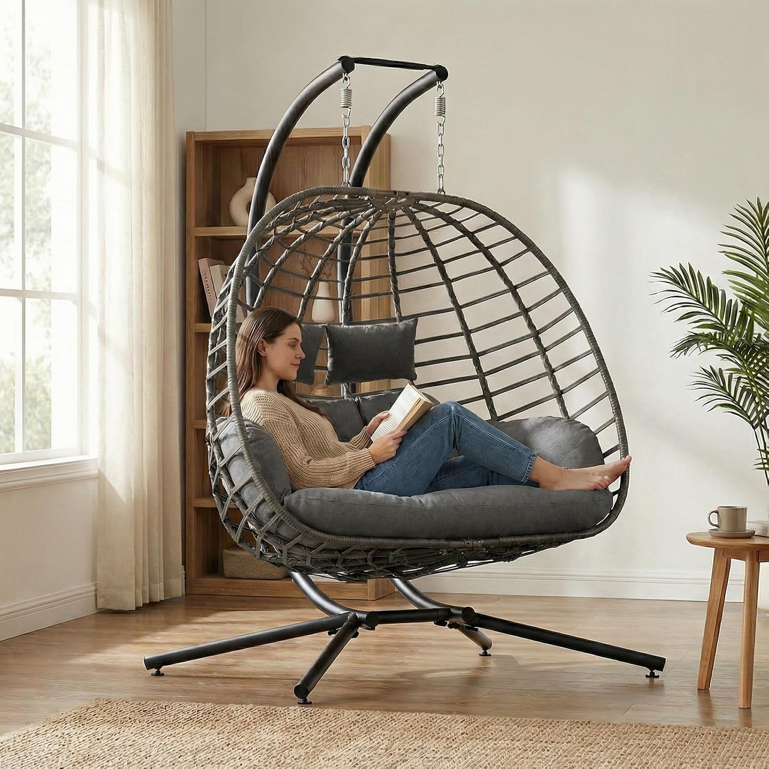 SWITTE Double Egg Swing Chair with Stand, Outdoor Patio 2 Person Hanging Wicker Hammock Chairs with Cushion for Indoor Bedroom, Lawn, Garden-Dark Grey