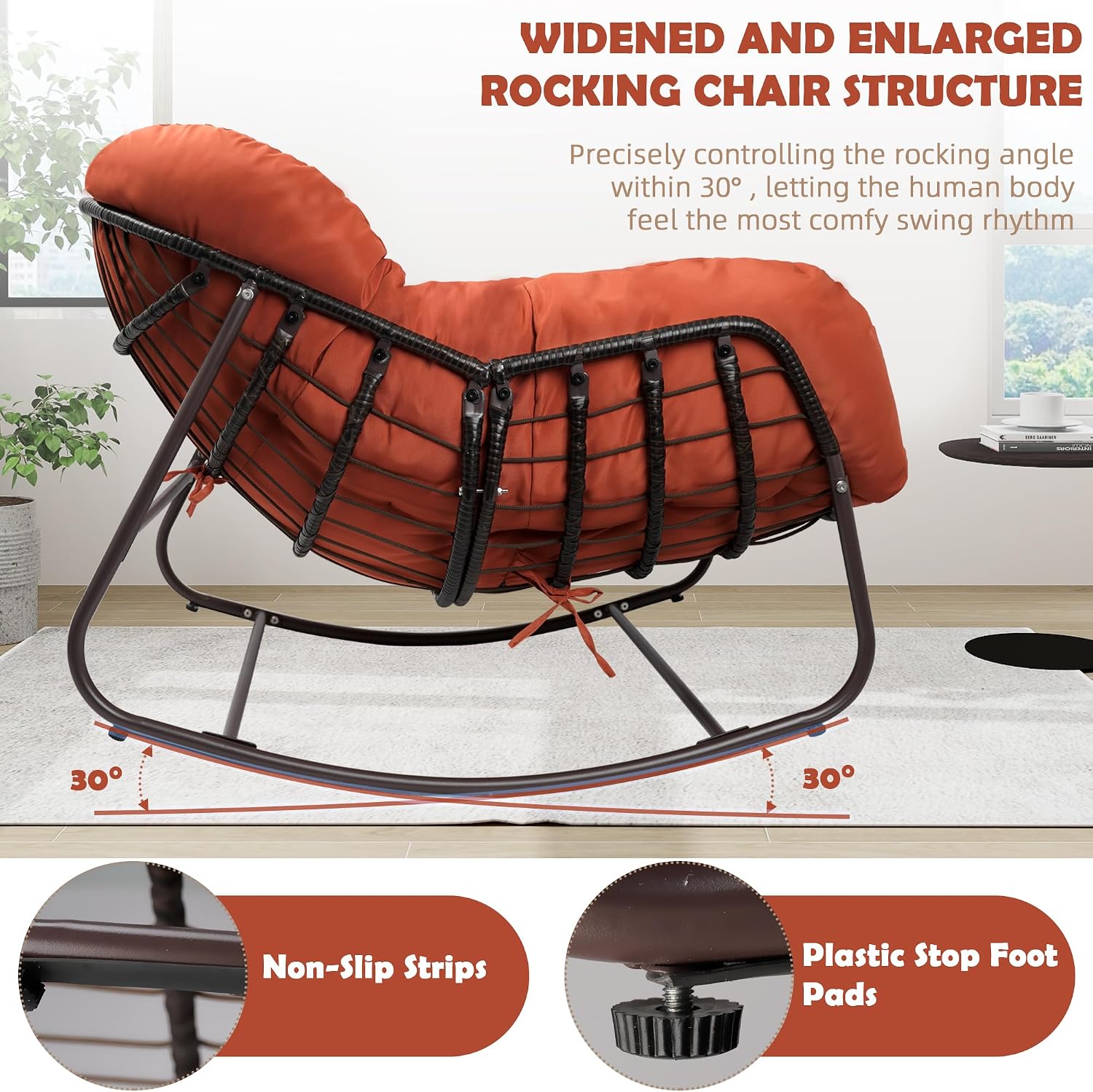 Papasan Rocking Chair Indoor & Outdoor, All Weather Wicker Papasan Patio Chair with Cushion & Pillow, Oversized Papasan Rocker Egg Chair for Bedroom, Garden, Patio - Red.