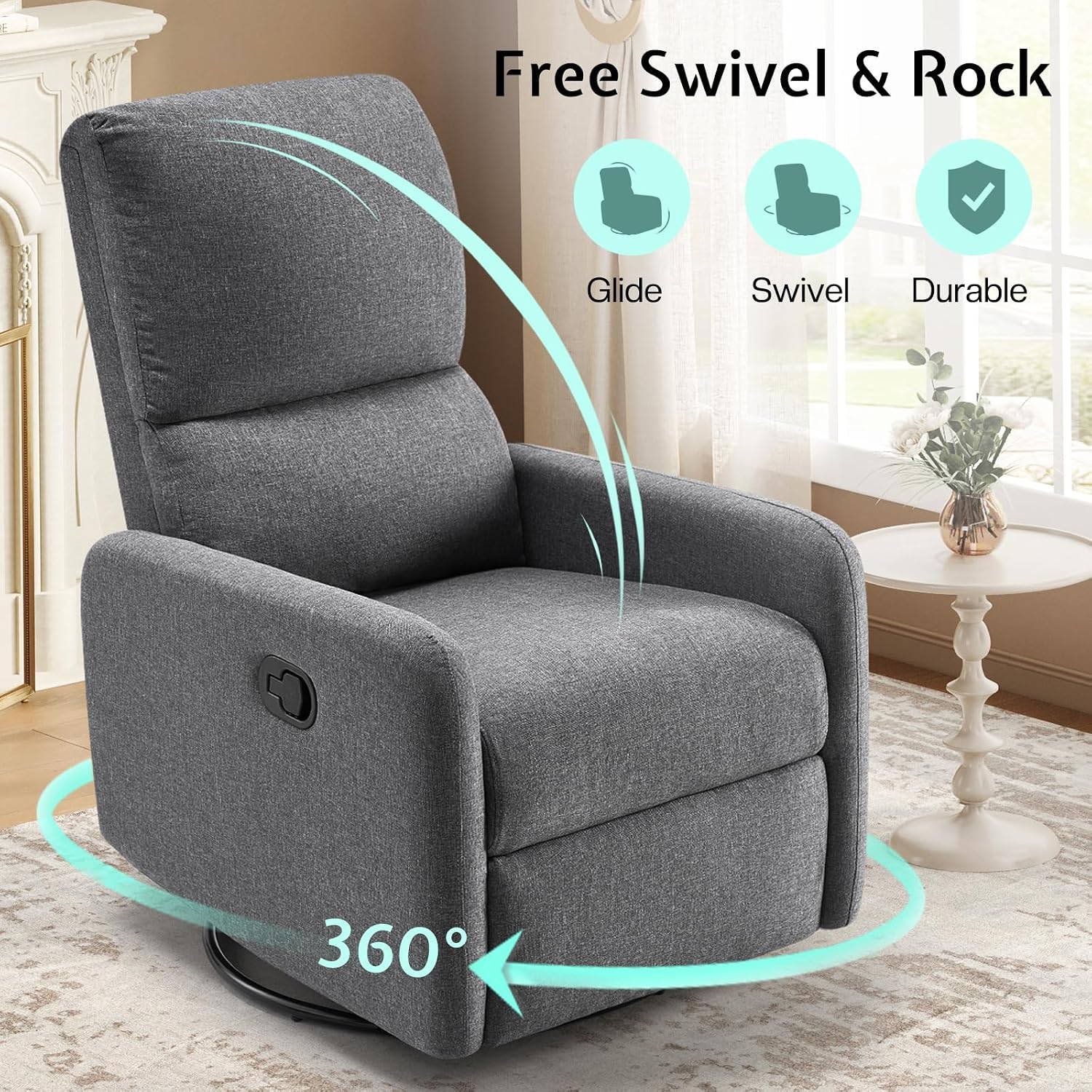 Jocisland Swivel Rocker Recliner Chair for Adults, Nursery Rocking Reclining with High Back, Small Glider for Small Spaces/Living Room/Bedroom/Nursing, Gray Linen (No Side Pockets)