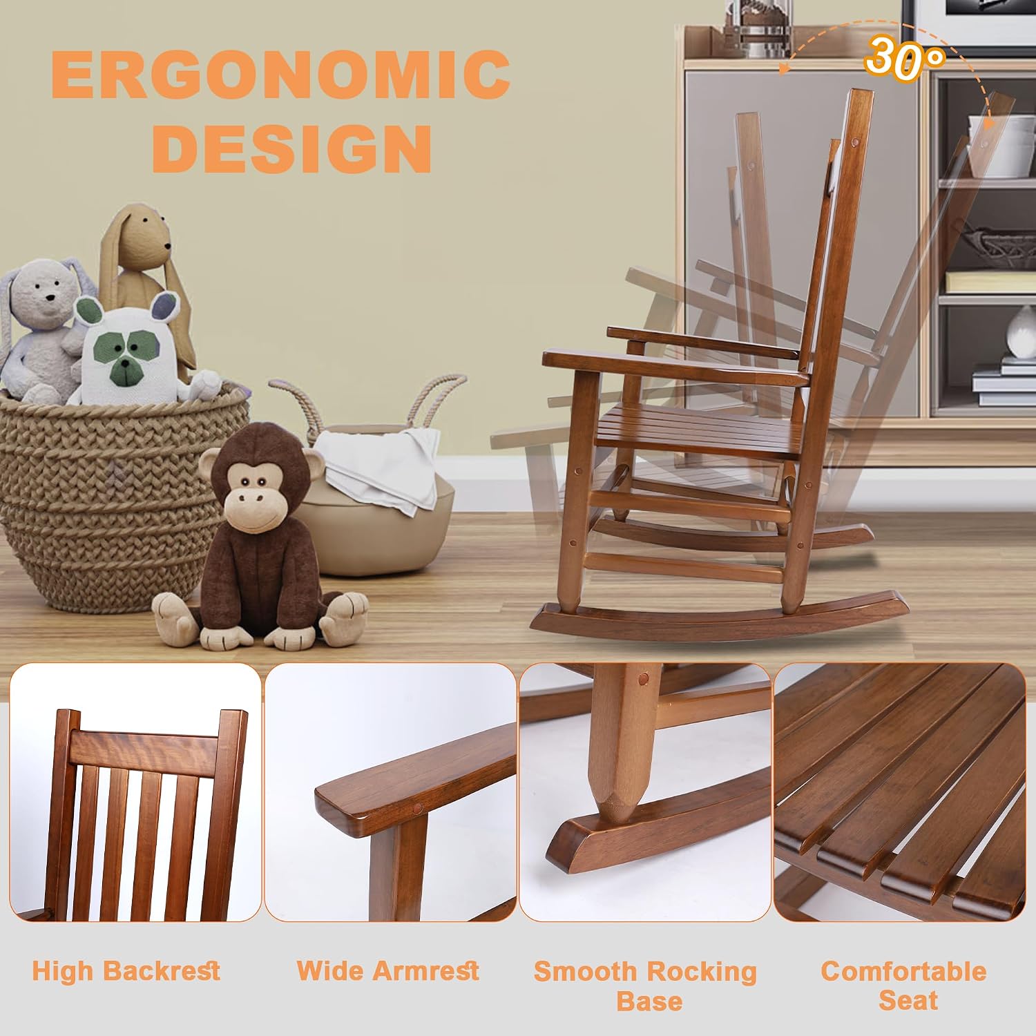 Kids Rocking Chair Set of 2 for Toddler & Children Comfy Recliner Wooden Rocker for Baby Girls Outdoor Lounge Child for Age 6-10 Indoor Anti-Tip Design Safe & Sturdy Brown