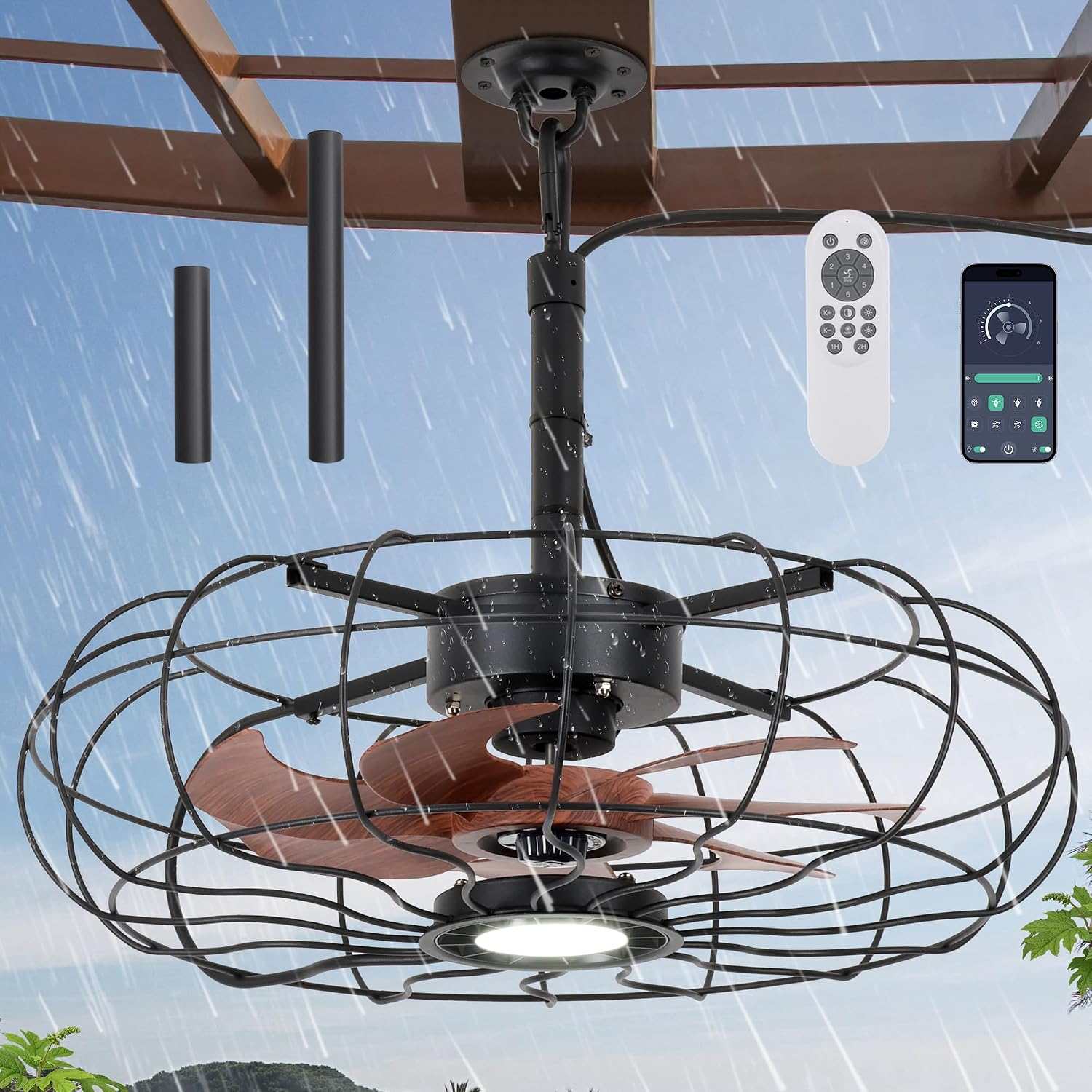 20' Outdoor Ceiling Fan with Light, With Remote and App Remote, IP65 Waterproof Gazebo Hanging Fan, 3CCT Dimmable, Portable Plug in Ceiling Fan with Cord Hook for Patio Porch Pergola Indoor(Black)