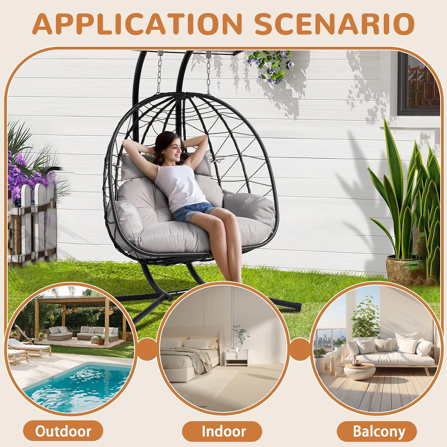 Double Egg Swing Chair with Stand & Adjustable Canopy, Outdoor Indoor Hanging Egg Chair, Handwoven Pe Rattan Loveseat with Uv-Resistant Cushions, 680Lbs Capacity for Patio, Garden, Balcony (Gray)