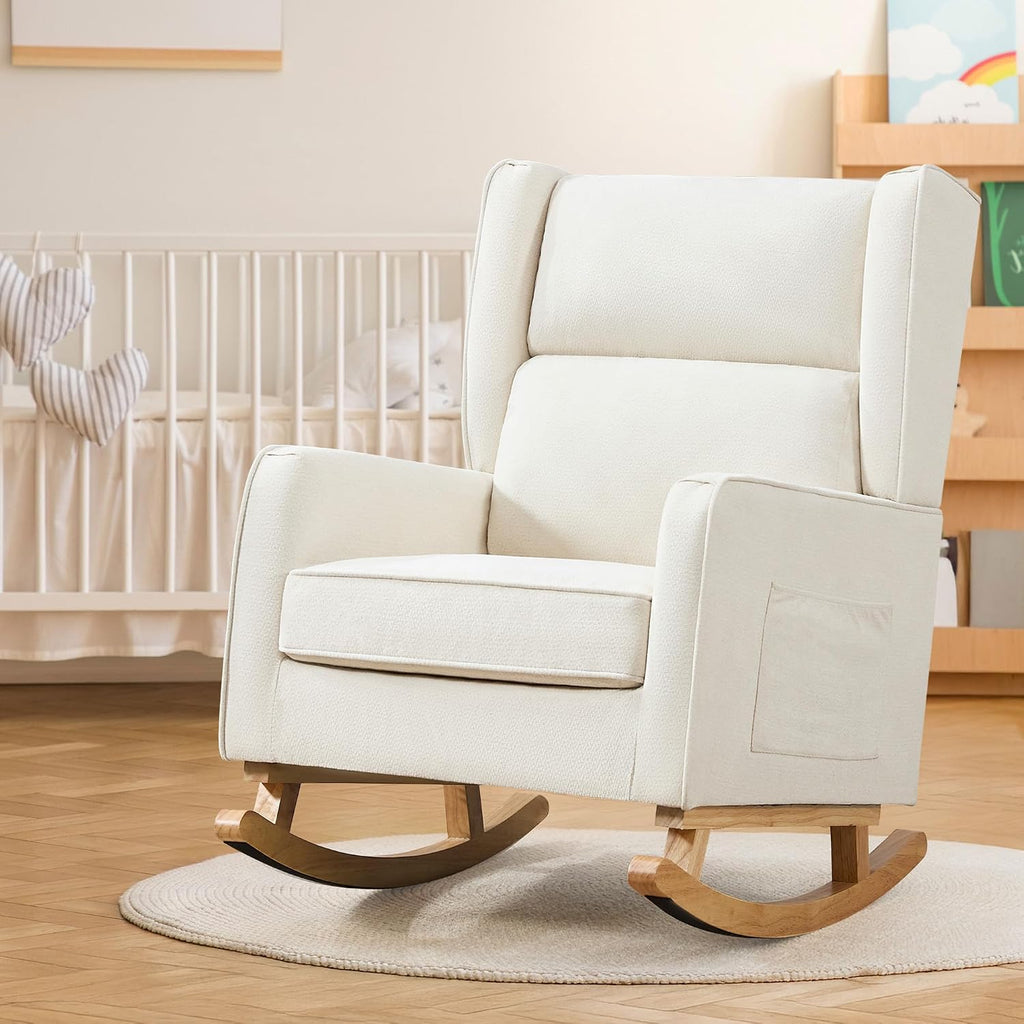 HCHAIRH Nursery Rocking Chairs, Rocking Chair Nursery for Mom Nursery Rocker with High Backrest and Solid Wood Legs, Beige Modern Wingback Accent Chairs for Reading Living Room Bedroom