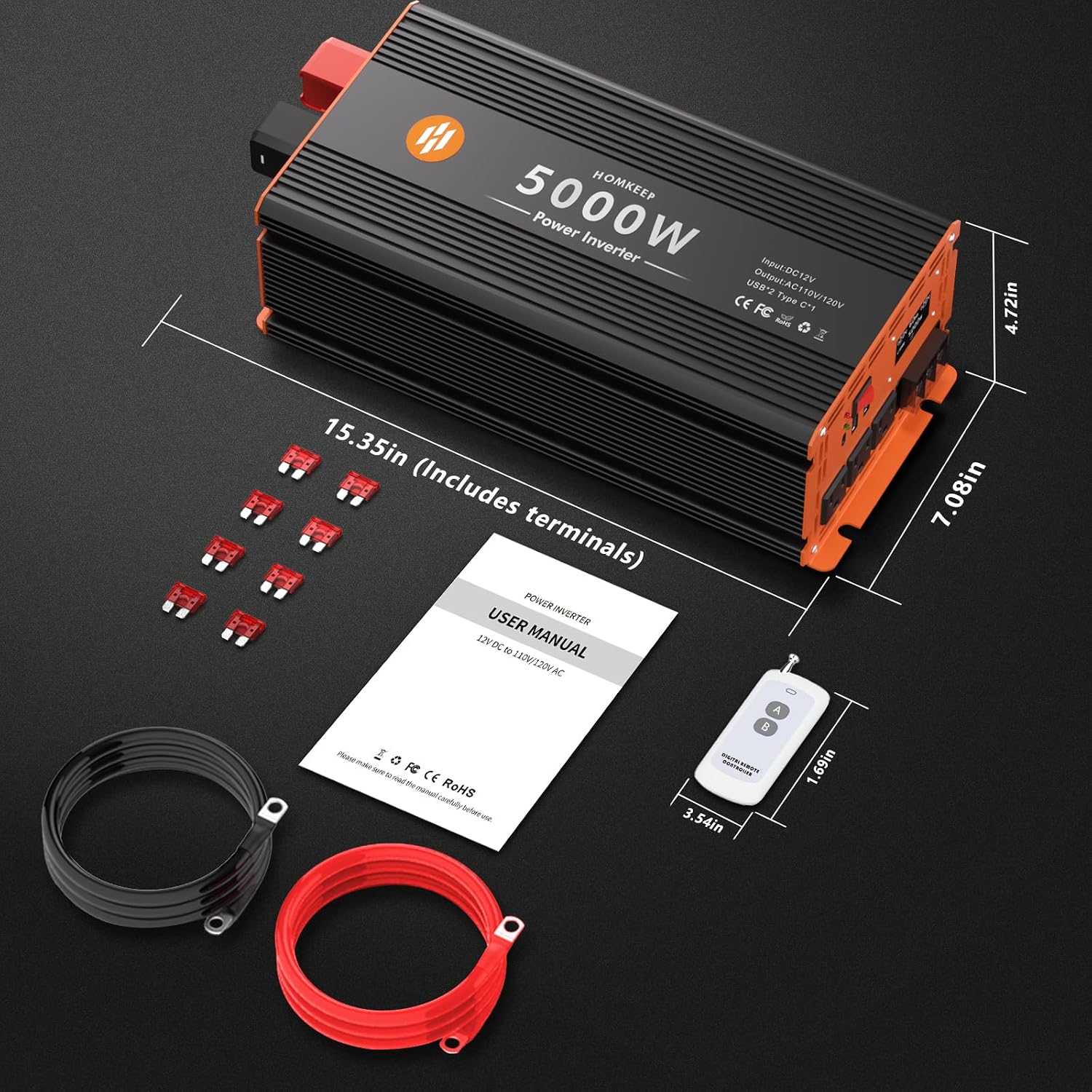 5000 Watt Power Inverter 12V DC to 110V/120V AC Converter Peak Power 10000W Car Inverter with LCD Display 3 AC Outlets, 2 USB & Type-C Port for RV,Truck,Off-Grid Solar System with Remote Controller