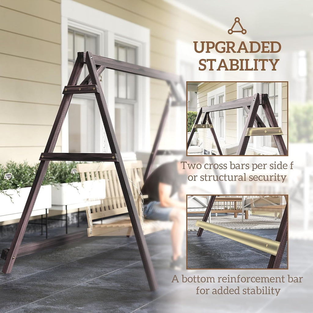 Outsunny 770lbs Porch Swing Frame, Heavy Duty A-Frame Wooden Swing Stand with Reinforced Bars, Freestanding Hanging Chair Stand Only for Porch, Lawn, Garden, Backyard, Carbonized