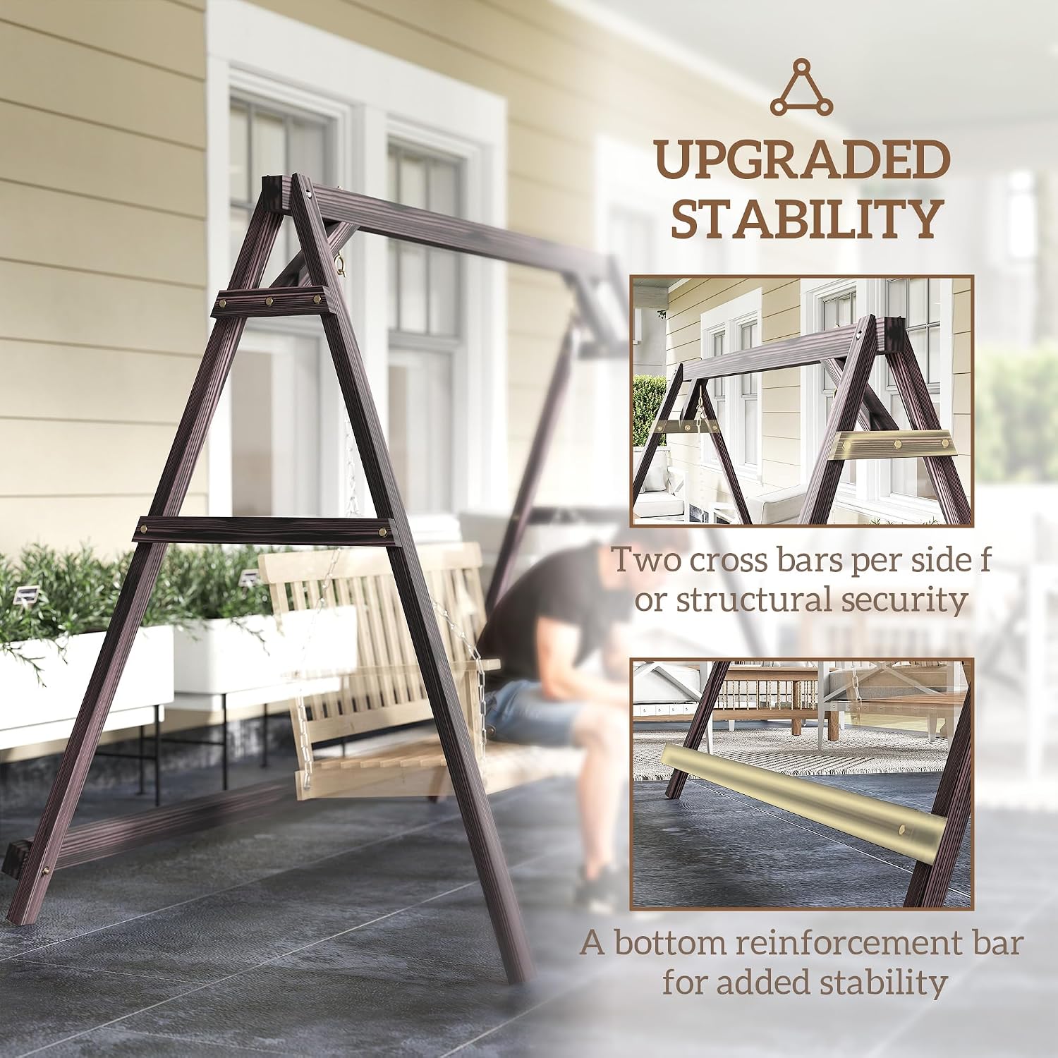 Outsunny 770lbs Porch Swing Frame, Heavy Duty A-Frame Wooden Swing Stand with Reinforced Bars, Freestanding Hanging Chair Stand Only for Porch, Lawn, Garden, Backyard, Carbonized