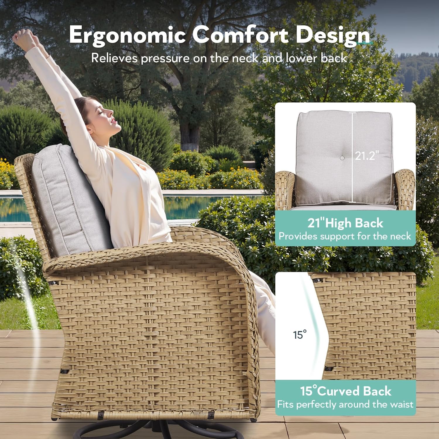 Outdoor Rocker Swivel Glider Chair - 3 Piece Wicker Patio Furniture Set, All Weather Patio Bistro Set with Glass Side Table for Balcony Porch Deck Backyard - Yellow Wicker Beige Cushion