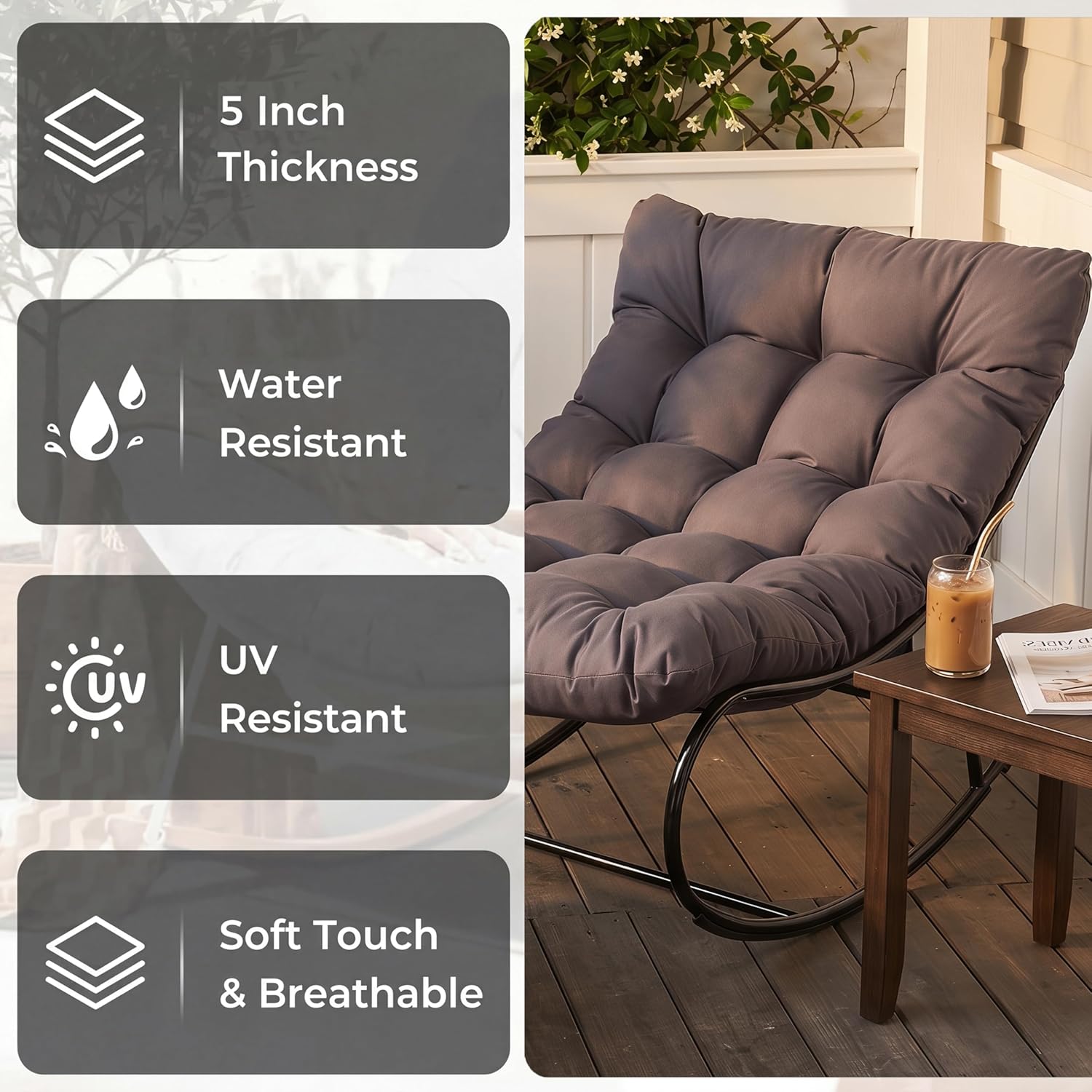 Oversized Double Papasan Rocking Chair Set of 2 with Ottoman, Egg Shaped Patio Lounge Chair with Thick Soft Cushion, Outdoor Relaxation Furniture for Porch, Backyard, Garden, Balcony, Grey