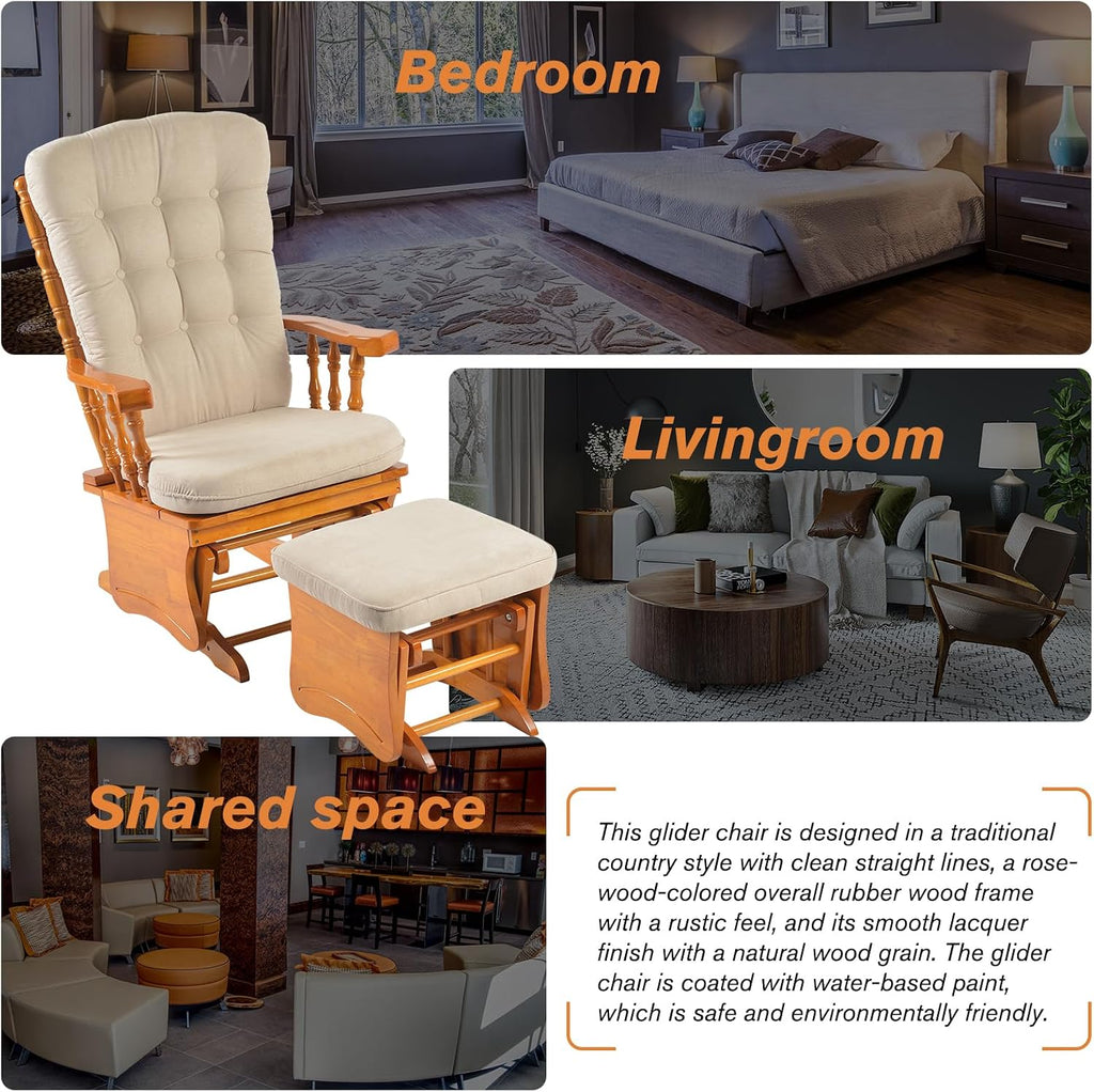 Anti-Pinch Solid Wood Hand Glider Rocking Chair Set with Ottoman, with Padded Cushion, Rustic Rubber Wood Nursery Glider for Nursing, Relaxing, Living Room, Bedroom, Honey Colored