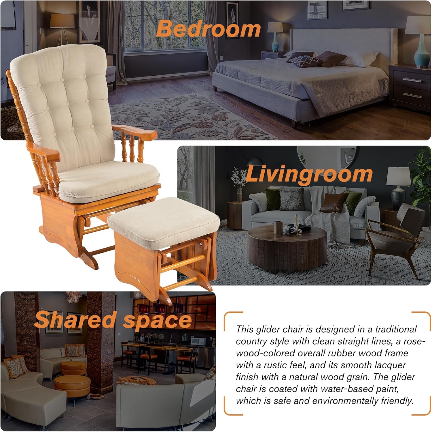 Anti-Pinch Solid Wood Hand Glider Rocking Chair Set with Ottoman, with Padded Cushion, Rustic Rubber Wood Nursery Glider for Nursing, Relaxing, Living Room, Bedroom, Honey Colored