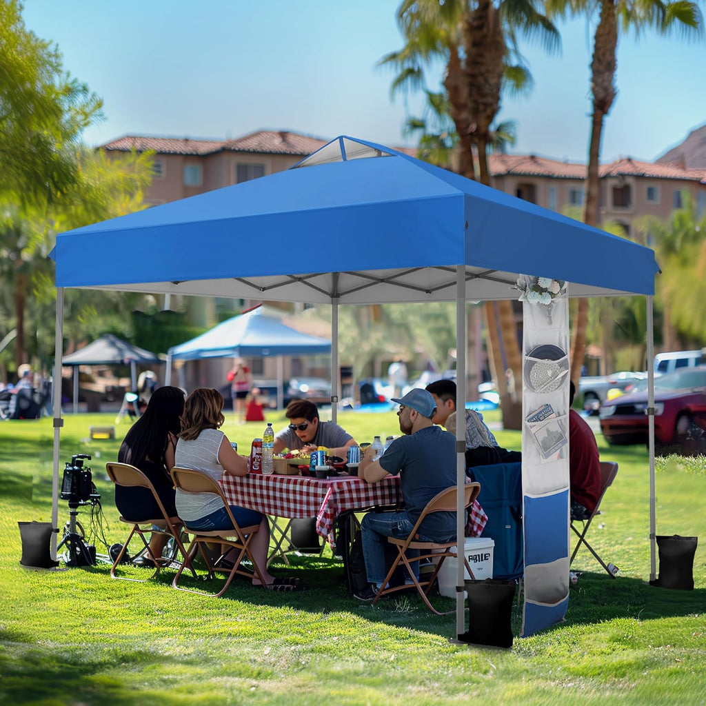 PHI VILLA 10x10 Pop Up Canopy Tent - One Push Setup, Instant Shade Tent with Vented Roof for Beach & Events - Includes Storage Bag, Sandbags, Stakes & Ropes (Blue)