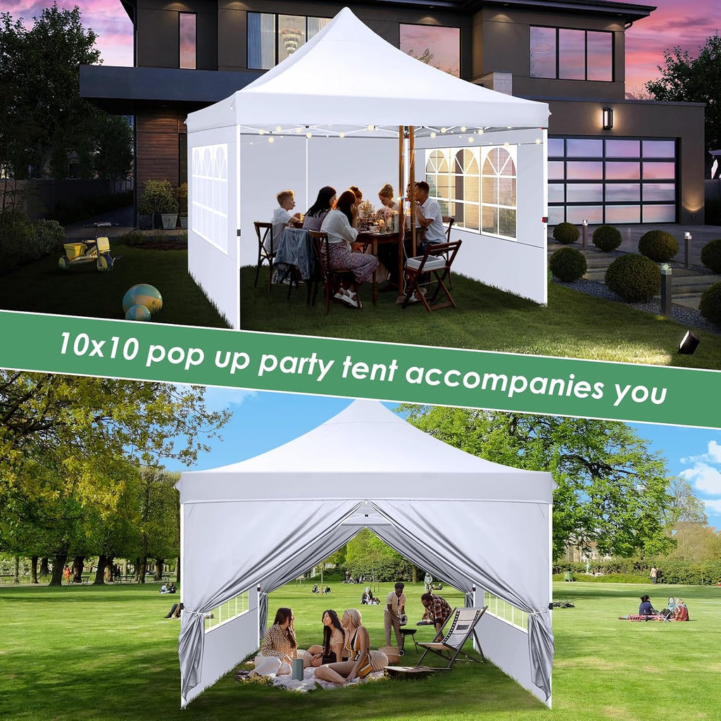 COBIZI Canopy 10x10 Pop Up Canopy Tent with 4 Sidewalls, Commercial Party Tent Ez Waterproof Outdoor Instant Gazebo UV 50+ Event Shelter, Garden Tents for Parties Camping with Sandbags, White