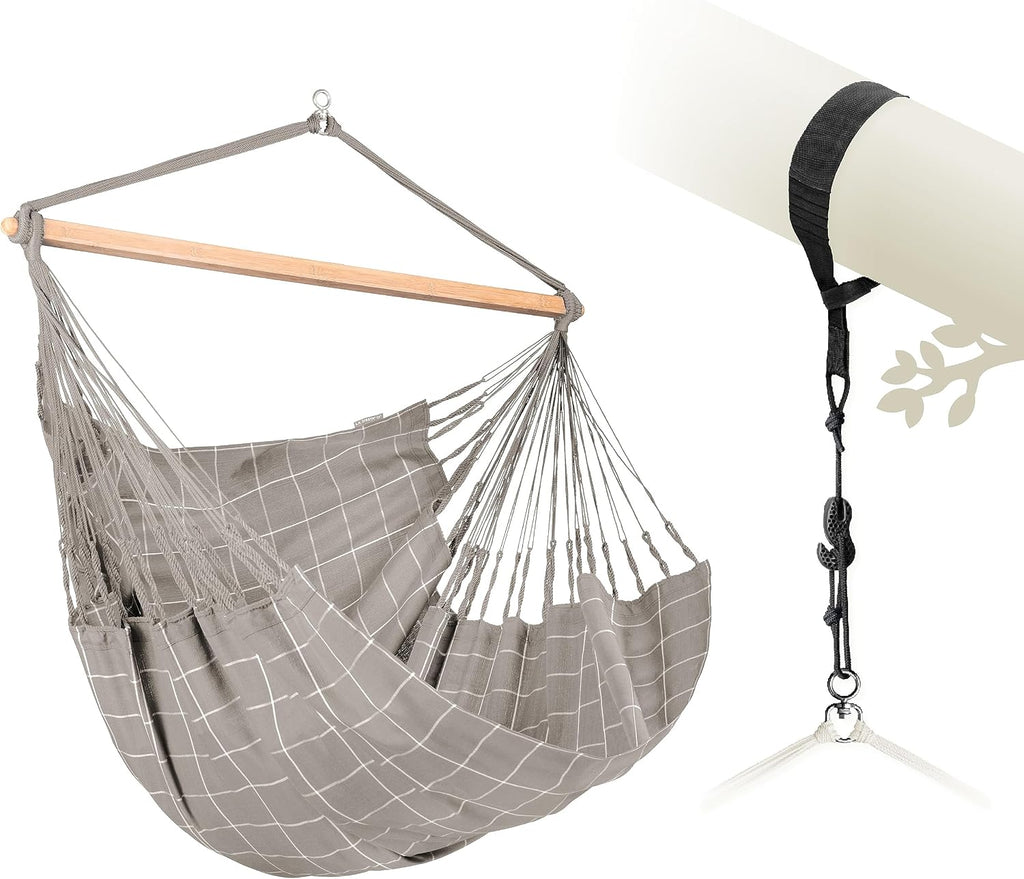 LA SIESTA® - XL King Domingo Hammock Swing Chair & TreeMount - Weather & Tear Resistant Hanging Chair for Bedroom Patio - Outdoor Indoor Hammock Chair w/Suspension Kit for Trees Beams & Posts -Almond