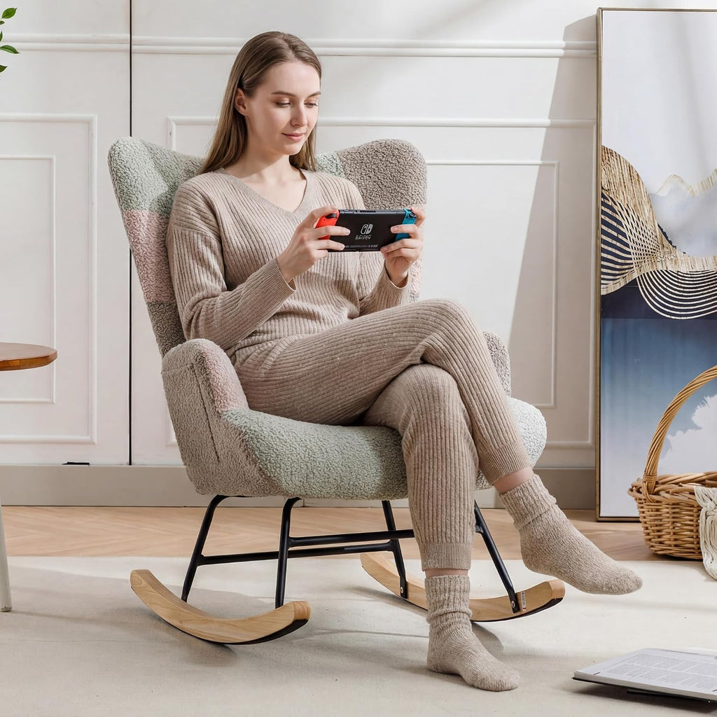 Nursery Rocking Chair Teddy Upholstered Glider Rocker Rocking Accent Chair with High Backrest Armchair Comfy Side Chair for Living Room, Bedroom, Offices (Brouce)