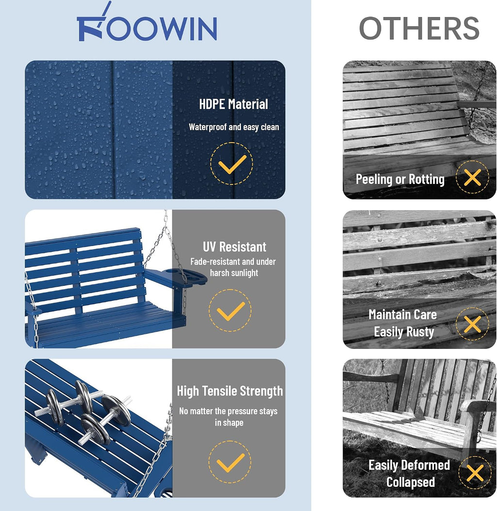FOOWIN Porch Swing, 4 FT Patio Swing with Cup Holders, Adjustable Hanging Chains, HDPE Outdoor Swing for Patio, Porch, Garden, Yard, Heavy Duty 660 LBS Weight Capacity Navy Blue