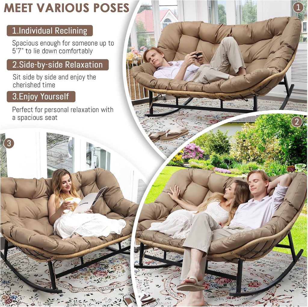 RADIATA Double Rocking Chair, Oversized Egg Rocking Chairs for 2 Person, Large Wide Papasan Loveseat with Cushion and Frame, Comfort Outdoor Furniture for Reading/Relaxing Patio Garden Backyard Brown