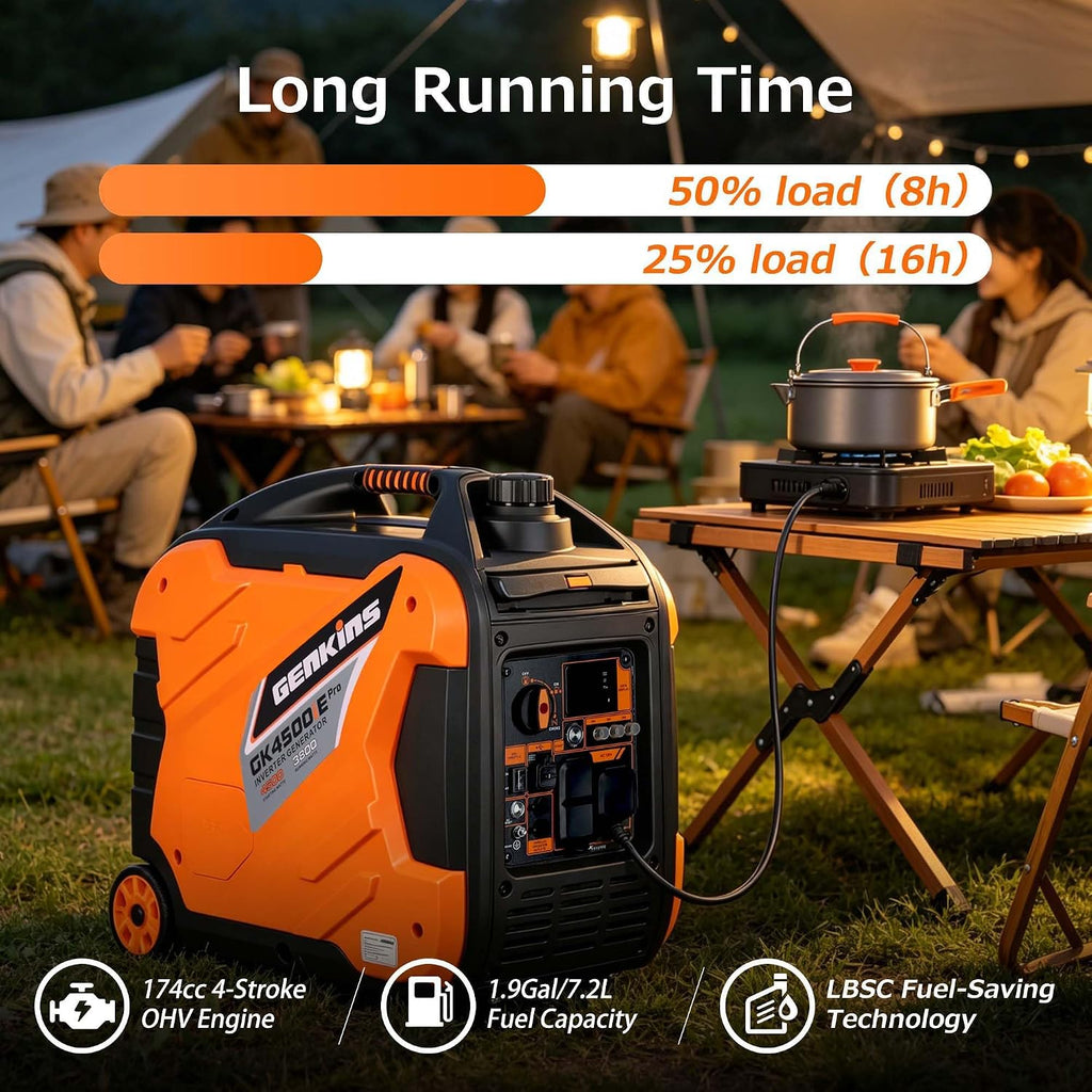 Genkins Portable Inverter Generator 4500W Gas Powered Pure Sine Wave Lightweight Quiet Parallel Capability for Camping RV Home Backup (Electric start)