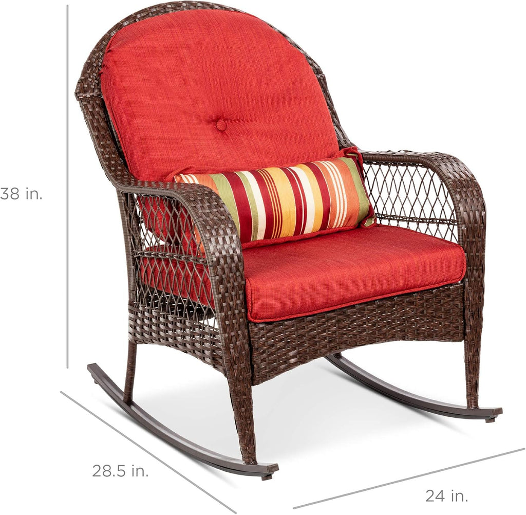 Best Choice Products Outdoor Wicker Patio Rocking Chair for Porch, Deck, Poolside w/Steel Frame, Weather-Resistant Cushions - Red